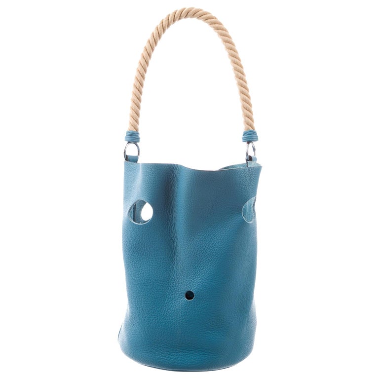 Hermes Baby Blue Leather CutOut Rope Carryall Top Handle Satchel Bucket