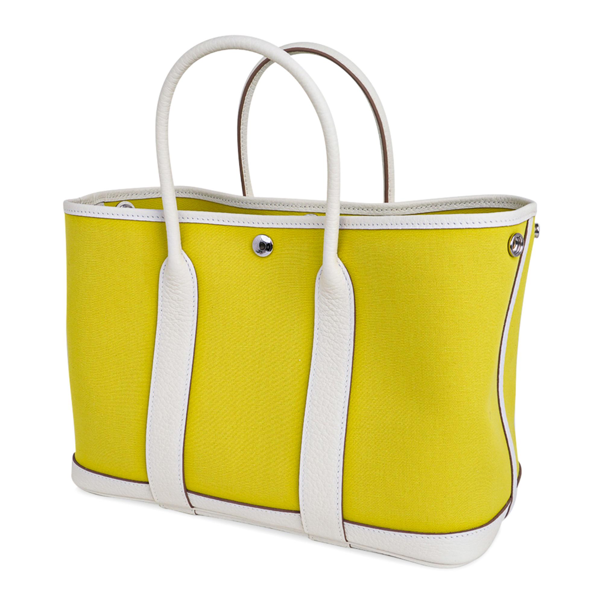 Yellow Hermes Bag Garden Party 30 Bag Lime Toile Officier / Blanc Vache Country Leather