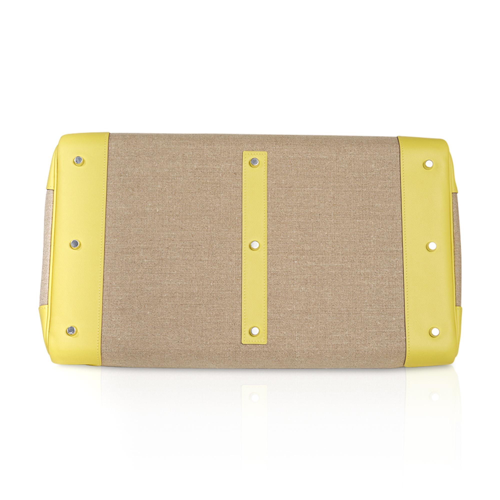 Hermes Hac 50 Birkin Bag Lime Evercolor and Ficelle Toile Palladium Hardware For Sale 3