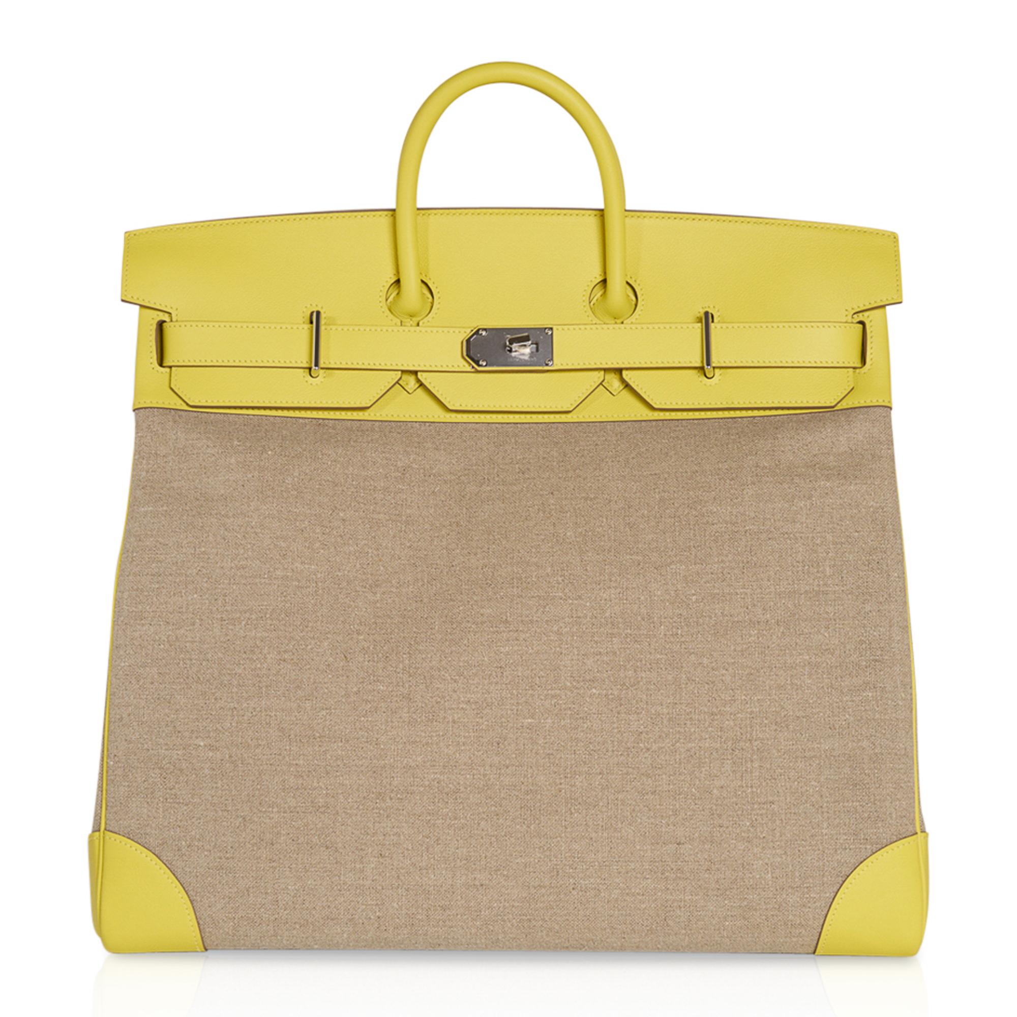 Hermes Hac 50 Birkin Bag Lime Evercolor and Ficelle Toile Palladium Hardware In New Condition For Sale In Miami, FL