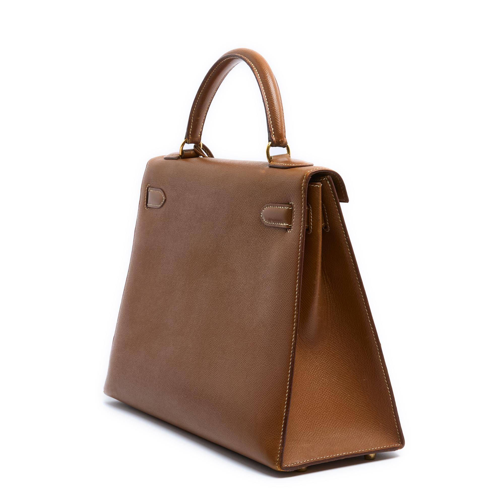 Sac Hermes Kelly 32 Sellier Cuir Or HDW Or 1997 avec bandoulière en vente 4