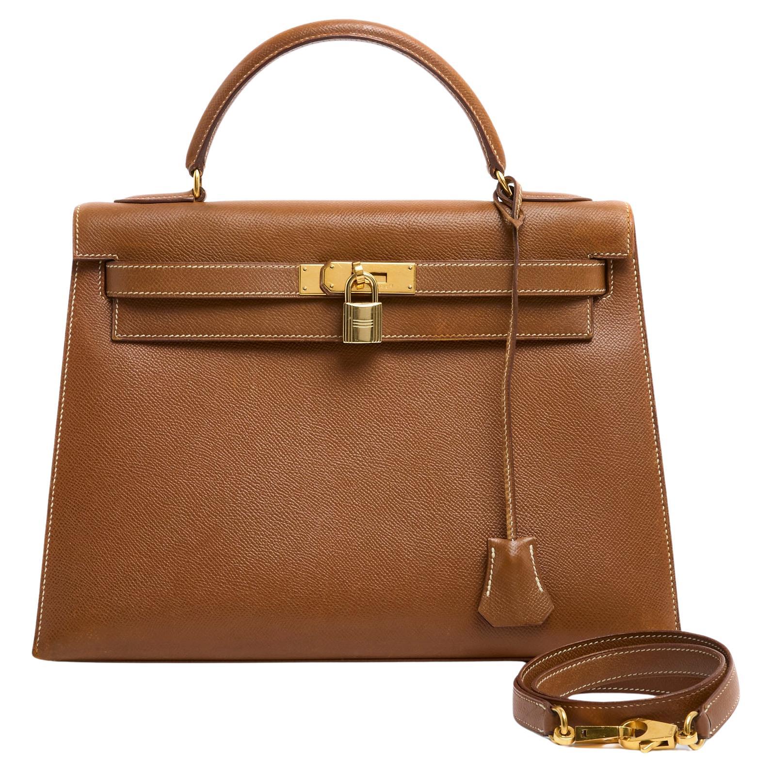 Hermes Bag Kelly 32 Sellier Leather Gold HDW Gold 1997 with strap For Sale
