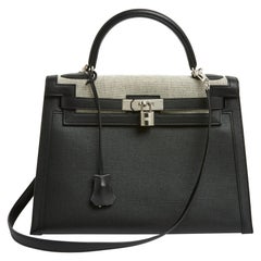 Sac Hermes Kelly II sellier 32 Noir Cuir Toile Nouveau dans la boîte