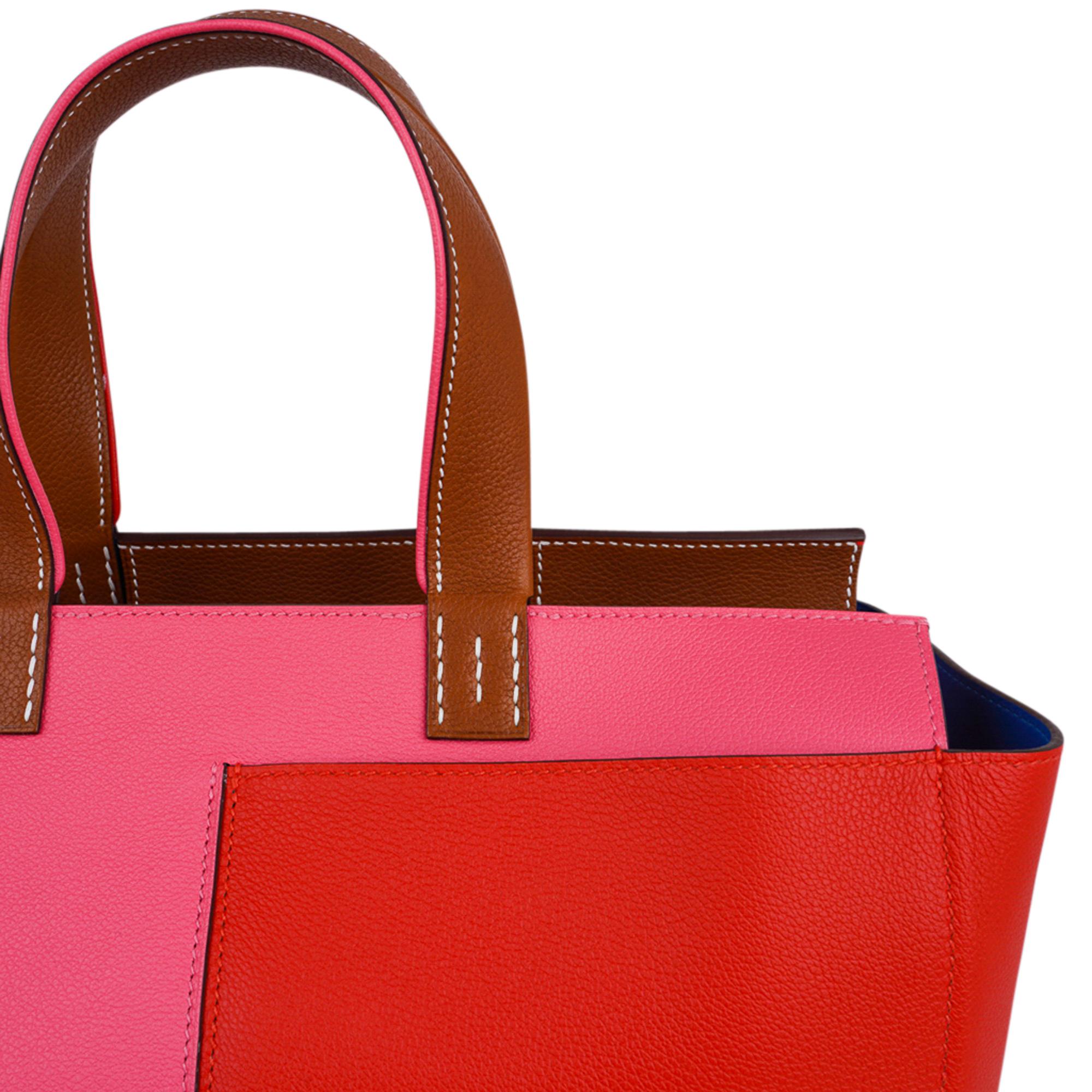 Red Hermes Bag Necto 34 Evercolor Rose Azalee / Capucine Fauve Palladium Tote New