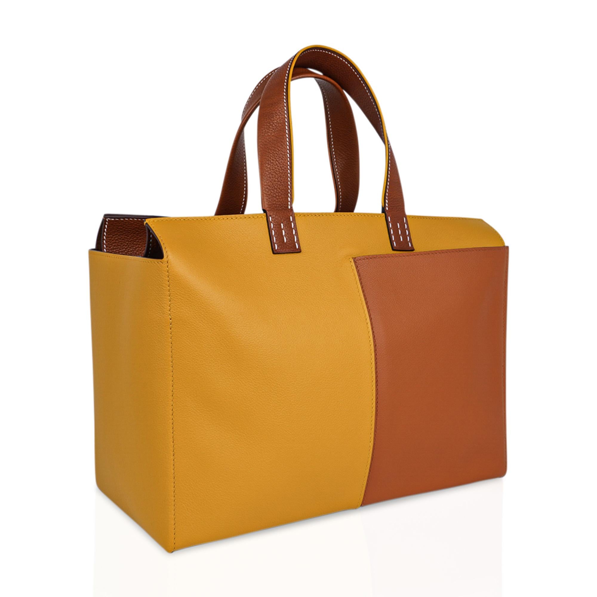 Women's Hermes Bag Necto 34 Evercolor Toffee /  Jaune Ambre Palladium Tote New