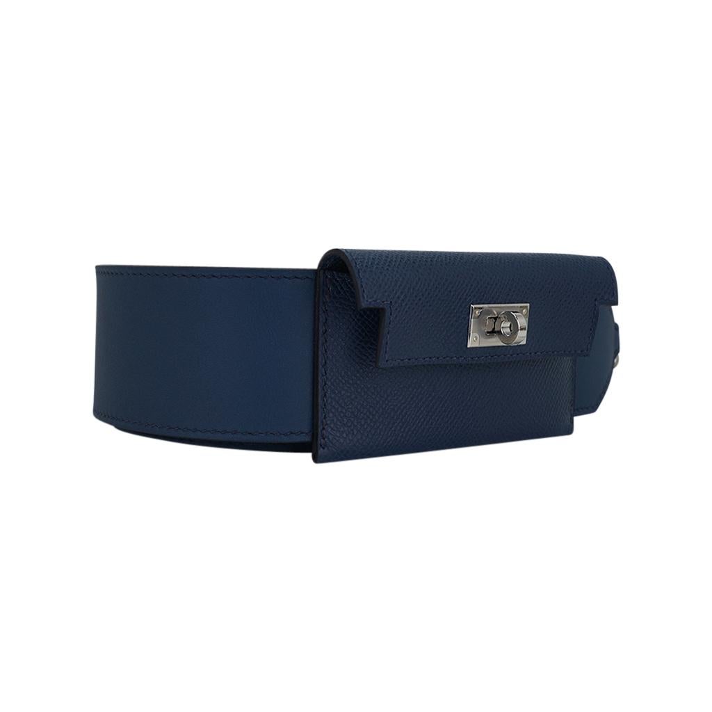 Mightychic offers an  Hermes Kelly Pocket Bag Strap featured in Bleu de Malte.
The strap has a card holder with a Kelly turn key clasp.
Fresh with Palladium hardware.
Strap is Swift leather and card case is Epsom leather.
Comes with sleeper and
