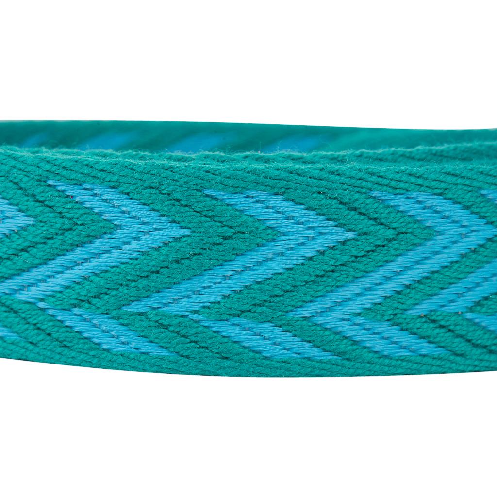 Guaranteed authentic Hermes Sangle Zig Zag 25 MM in Bleu du Nord and Vert Veronese bag strap. 
In Canvas and Swift calfskin with Palladium plated hardware and snap hook.
Is compatible with a myriad of Hermes Handbags for added fun and