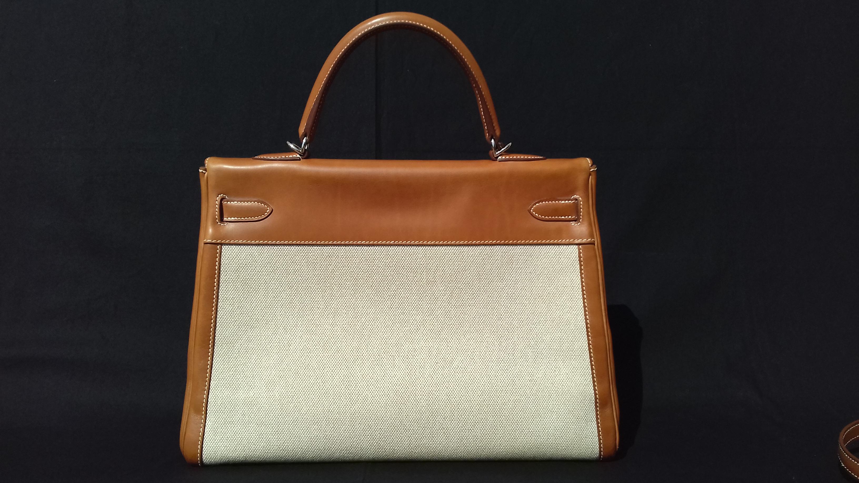 Beige Hermès Bag Toile Canvas Barenia Leather Kelly 35
