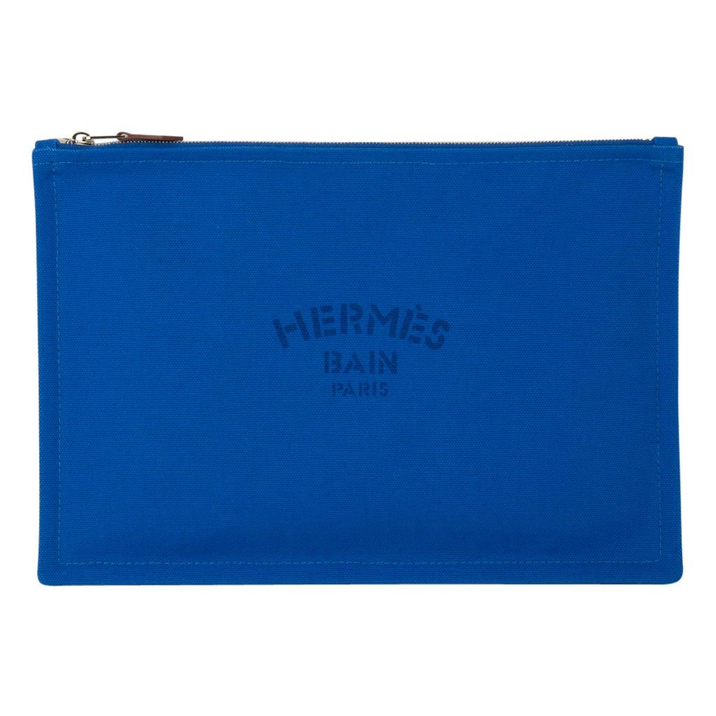 Hermes Bain Flat Yachting Pouch Case Electric Blue Cotton Large
