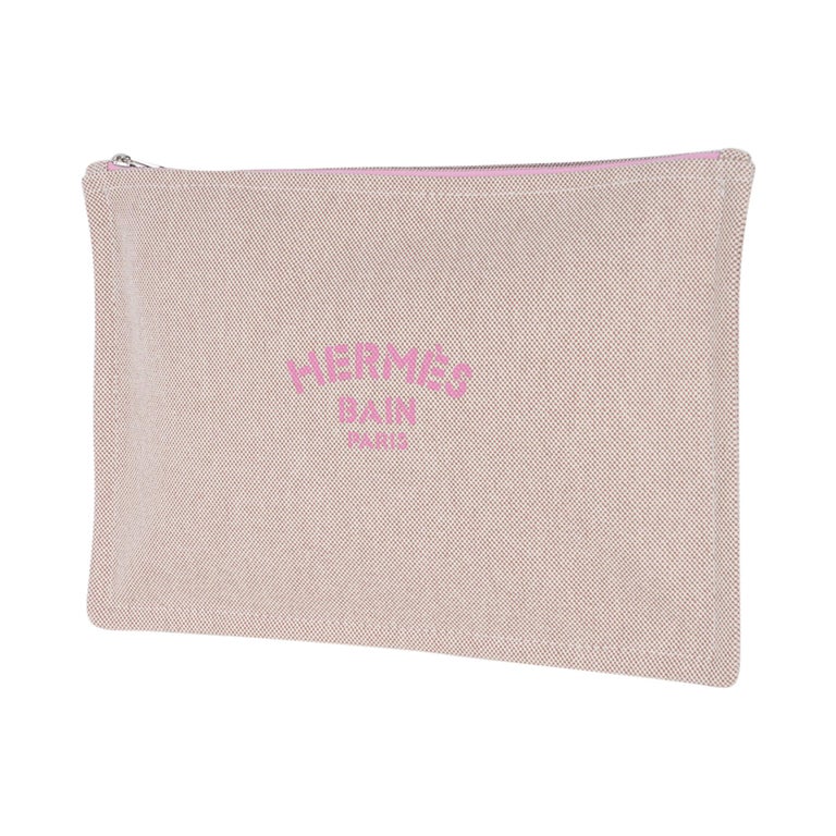 Hermes Bain Flat Yachting Pouch Case Natural w/ Bubblegum Cotton Large New  at 1stDibs