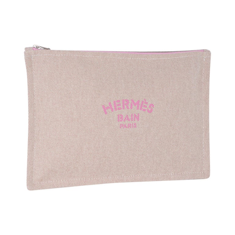Hermes Bain Flat Yachting Pouch Case Natural w/ Bubblegum Cotton Large New  at 1stDibs