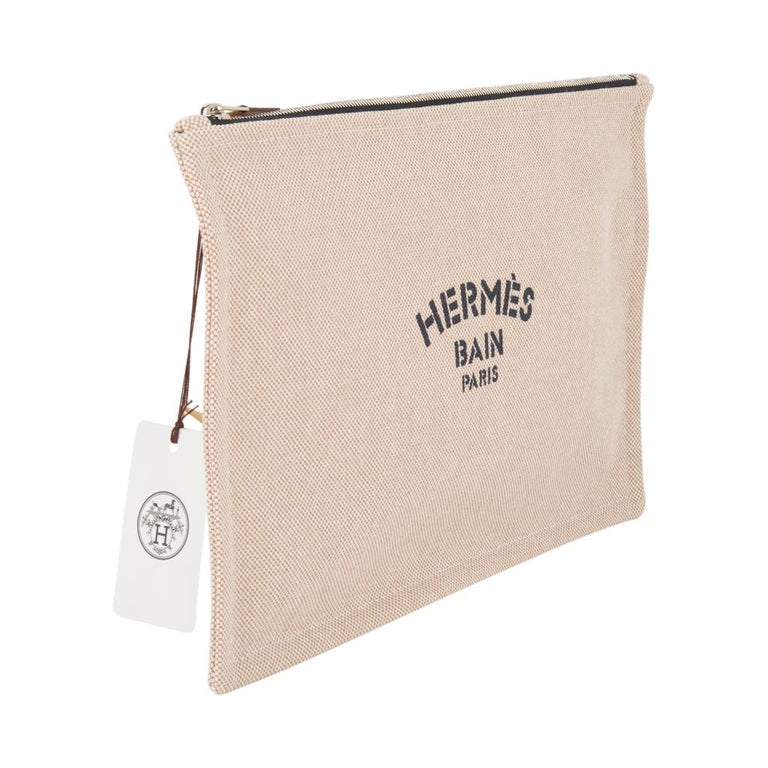 Hermes Bain Flat Yachting Pouch Case Natural w/ Navy Blue Writing