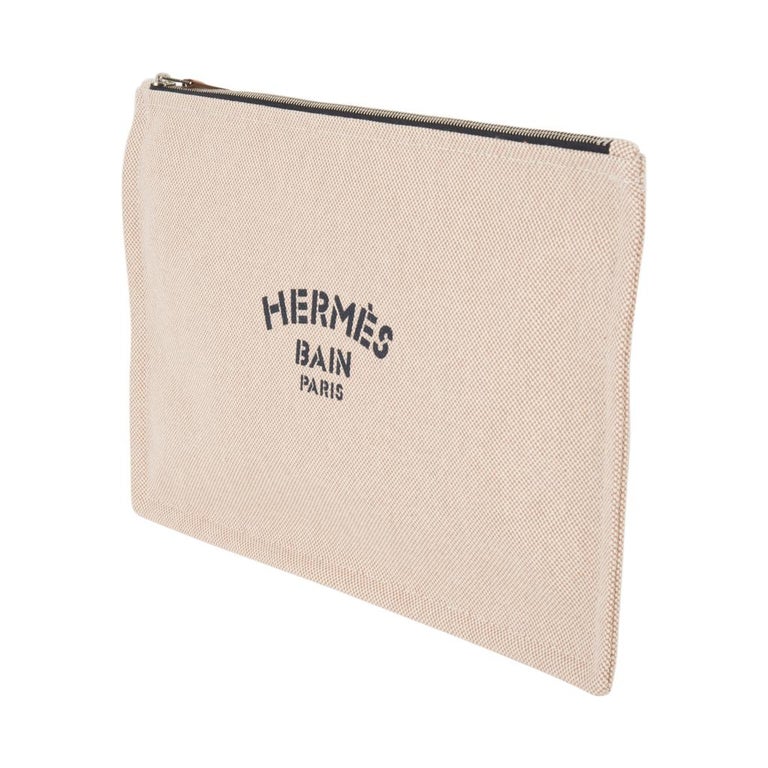 Hermes Bain Flat Yachting Pouch Case Natural w/ Navy Blue Writing