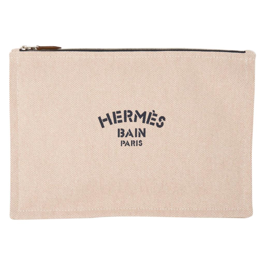 Hermes Bain Flat Yachting Pouch Case Natural w/ Navy Blue Writing Cotton Large