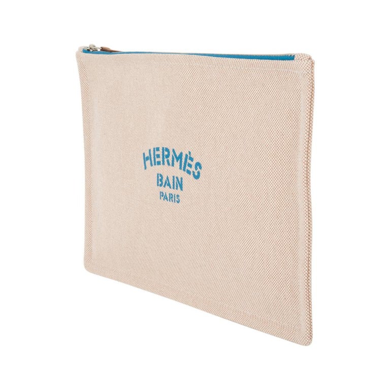 Hermes Bain Flat Yachting Pouch Case Natural w/ Turquoise Writing Cotton  Large at 1stDibs