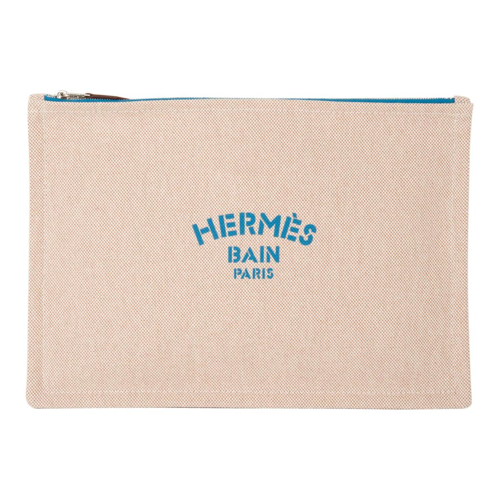 Hermes Bain Flat Yachting Pouch Case Natural w/ Turquoise  Writing Cotton Large