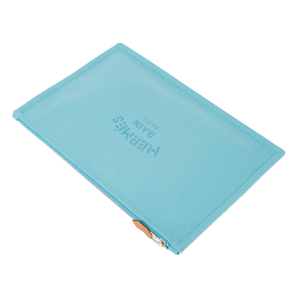 Women's or Men's Hermes Bain Flat Yachting Pouch Case Turquoise Blue Cotton Large