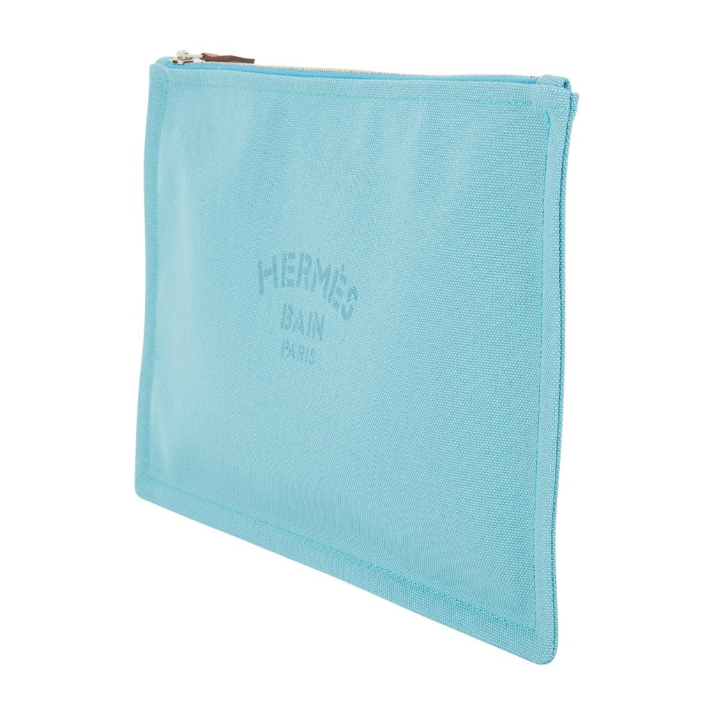 Hermes Bain Flat Yachting Pouch Case Turquoise Blue Cotton Large 1