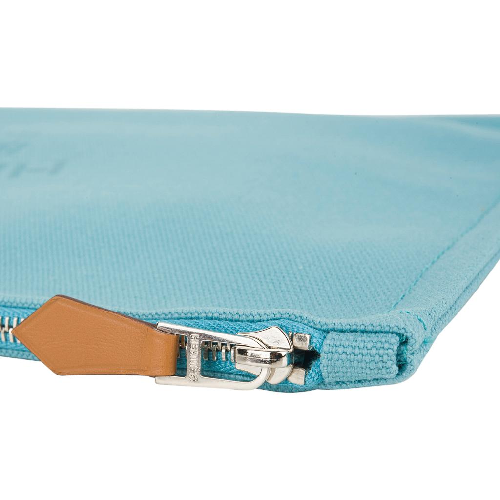 Hermes Bain Flat Yachting Pouch Case Turquoise Blue Cotton Large 2