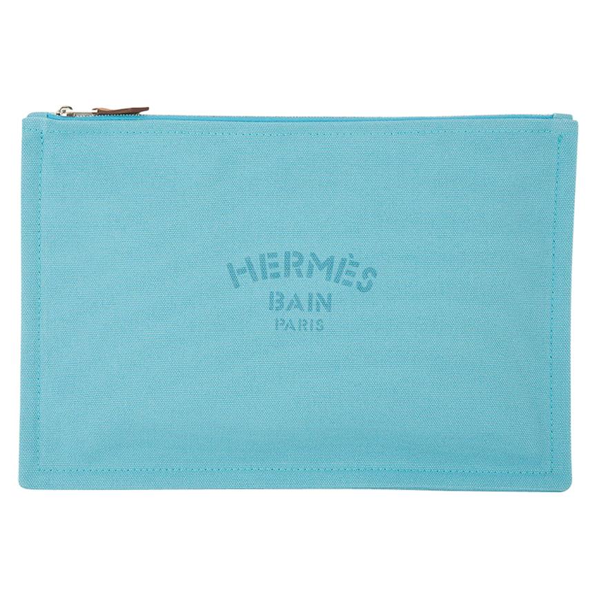 Hermes Bain Flat Yachting Pouch Case Turquoise Blue Cotton Large
