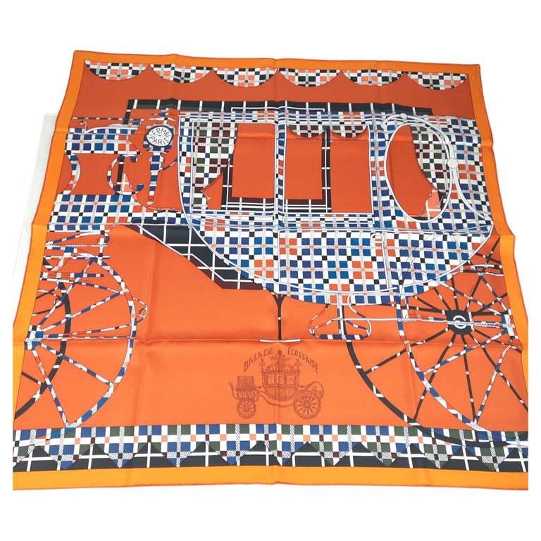 Hermes Balade Ecossaise scarf 90 Orange / Bleu / Kaki Silk For Sale at