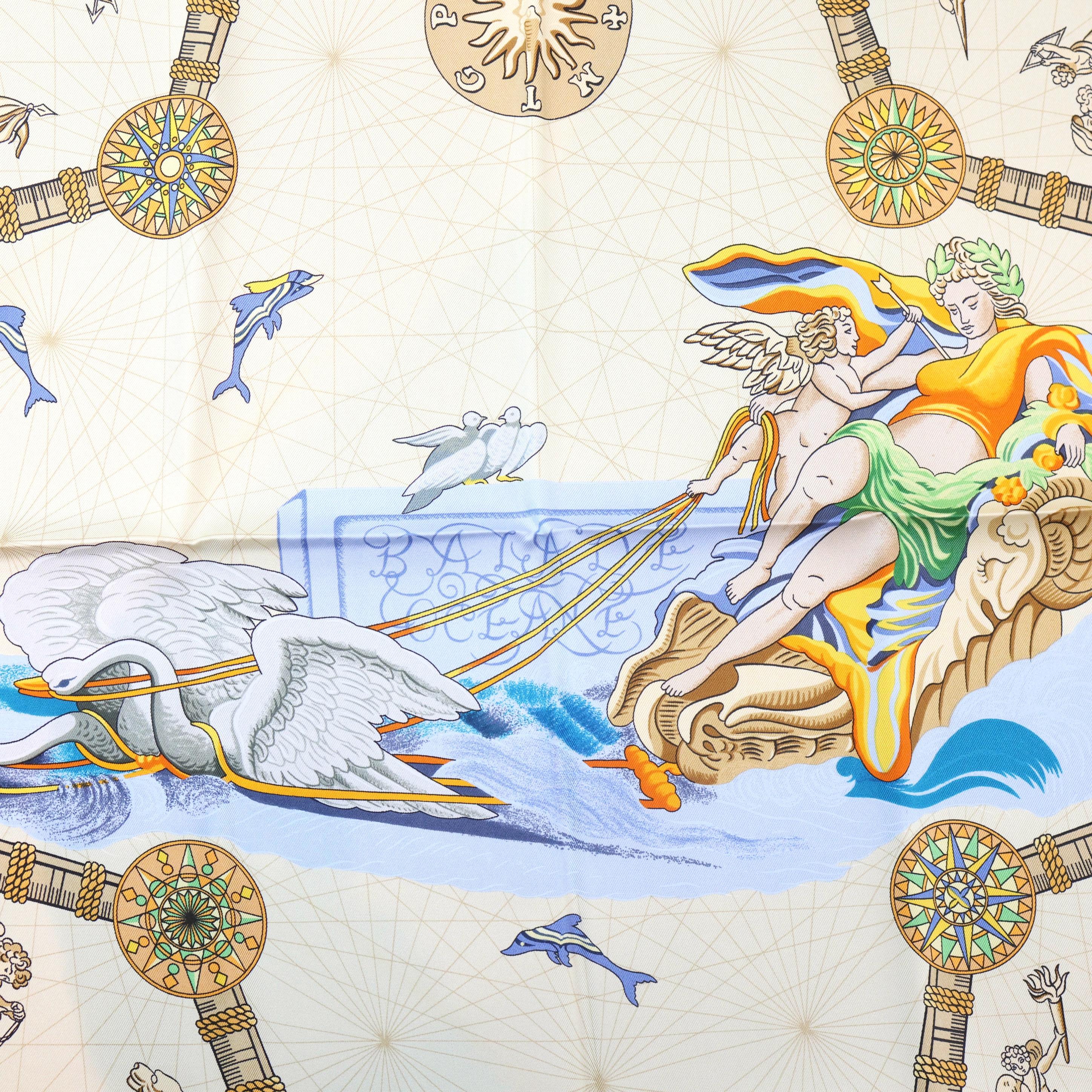 Hermès 'Balade Oceane' 90cm Silk Twill Scarf by Julie Abade, 1999. In Good Condition For Sale In Banner Elk, NC