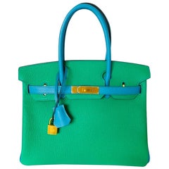 Hermes Bamboo and Blue Aztec Birkin 30CM Brushed Gold Hardware HSS VIP Order