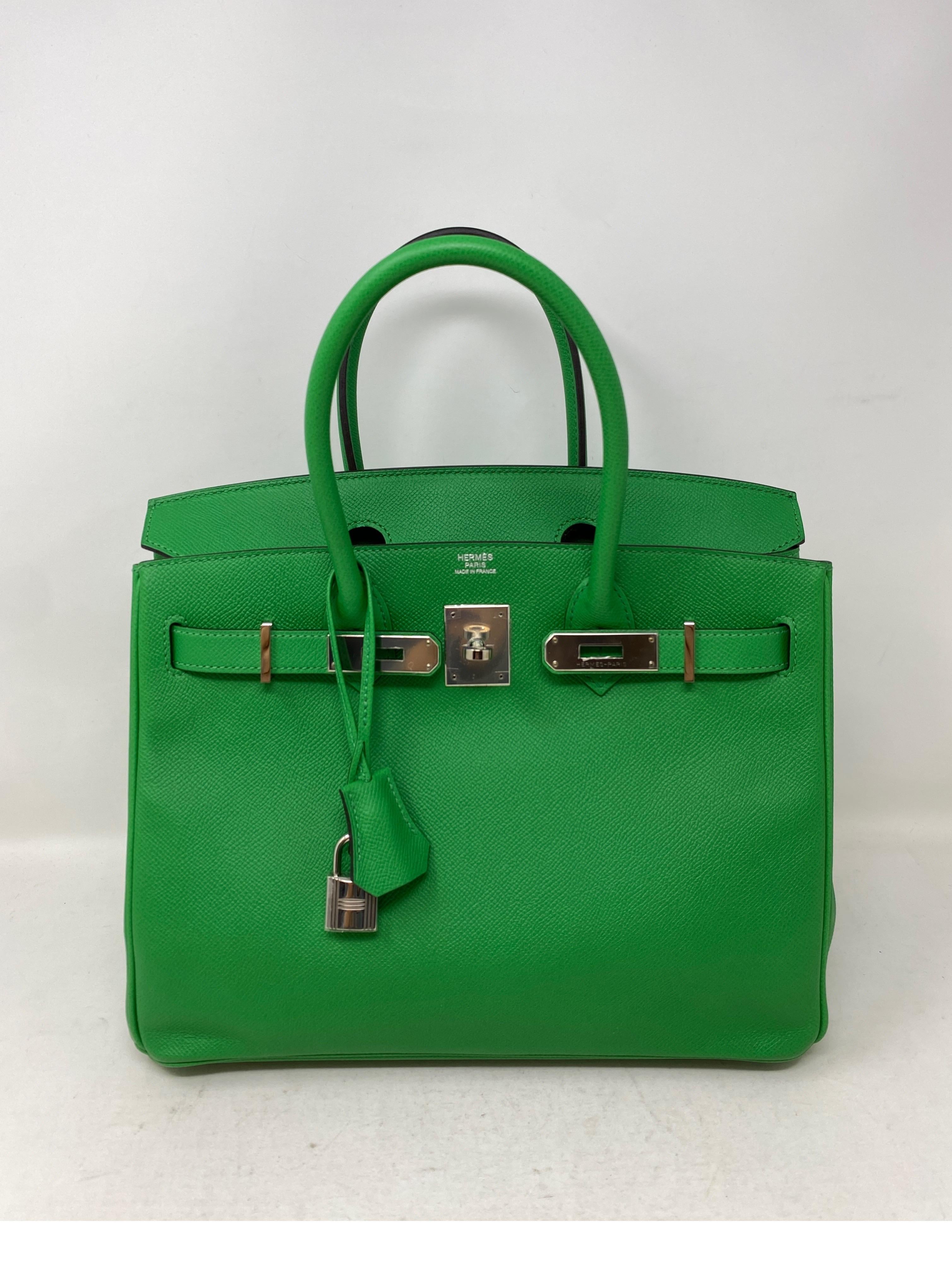 Hermes Bamboo Green Birkin 30 Bag. Epsom leather. Palladium hardware. Excellent like new condition. Stunning green color. Plastic still on hardware. Includes clochette, lock, keys, and dust cover. Guaranteed authentic. 