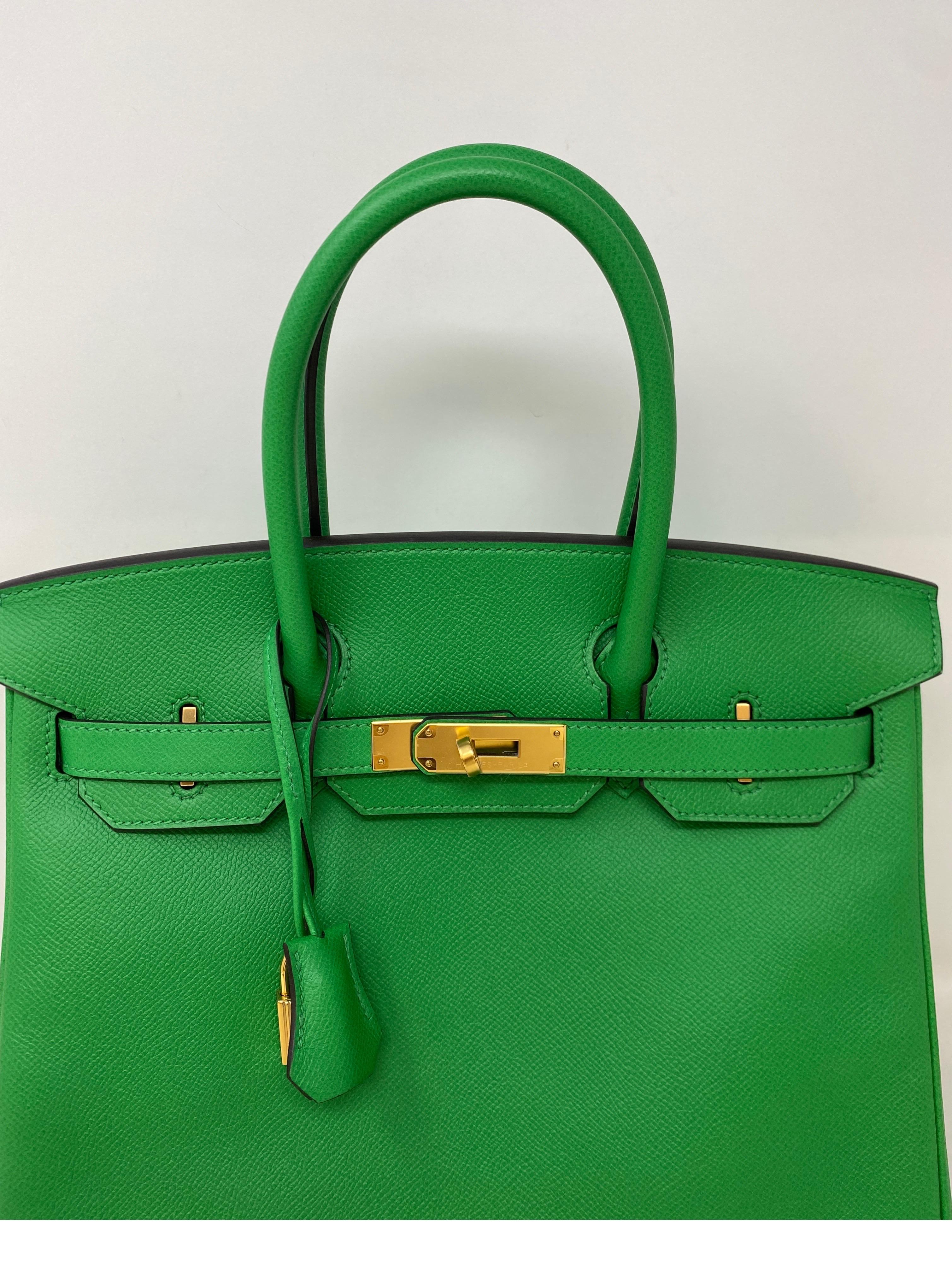 Hermes Bamboo Birkin 30 Bag. Gold hardware. Excellent condition. Interior clean. Plastic is still on hardware. Most wanted green color. Vibrant bright green. Includes clochette, lock, keys, and dust bag. Guaranteed authentic.
