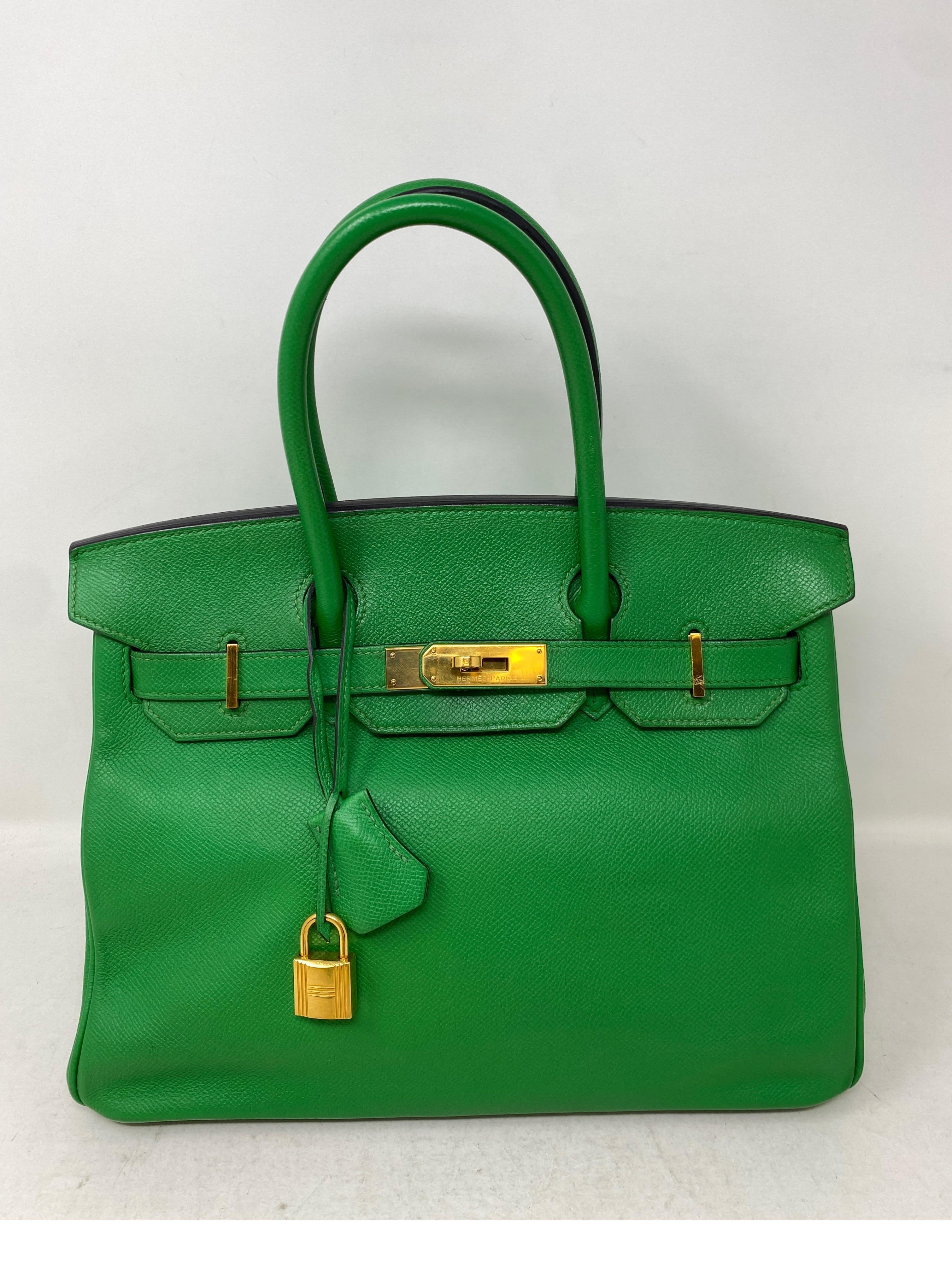 Hermes Bamboo Birkin 30 Bag. Rare bamboo green color. Gold hardware. Epsom leather. Good condition. Interior clean. Most wanted green color and hardware. Includes clochette, lock, keys, and dust bag. Guaranteed authentic. 