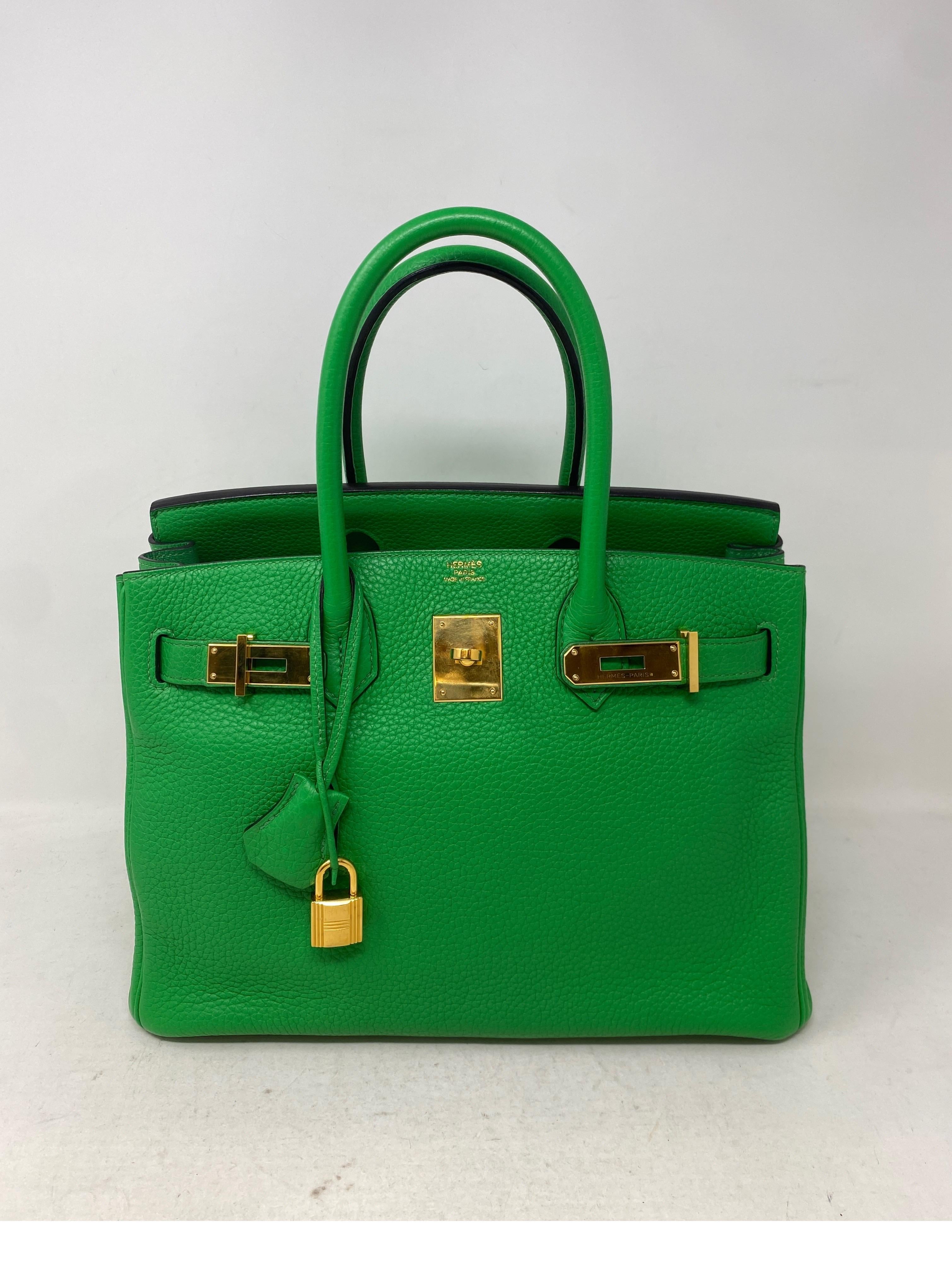 Hermes Bamboo Birkin 30 Bag. Rare bamboo green color clemence leather bag. Gold hardware. Excellent condition. Clean interior. Includes clochette, lock, keys, and dust bag. Guaranteed authentic. 