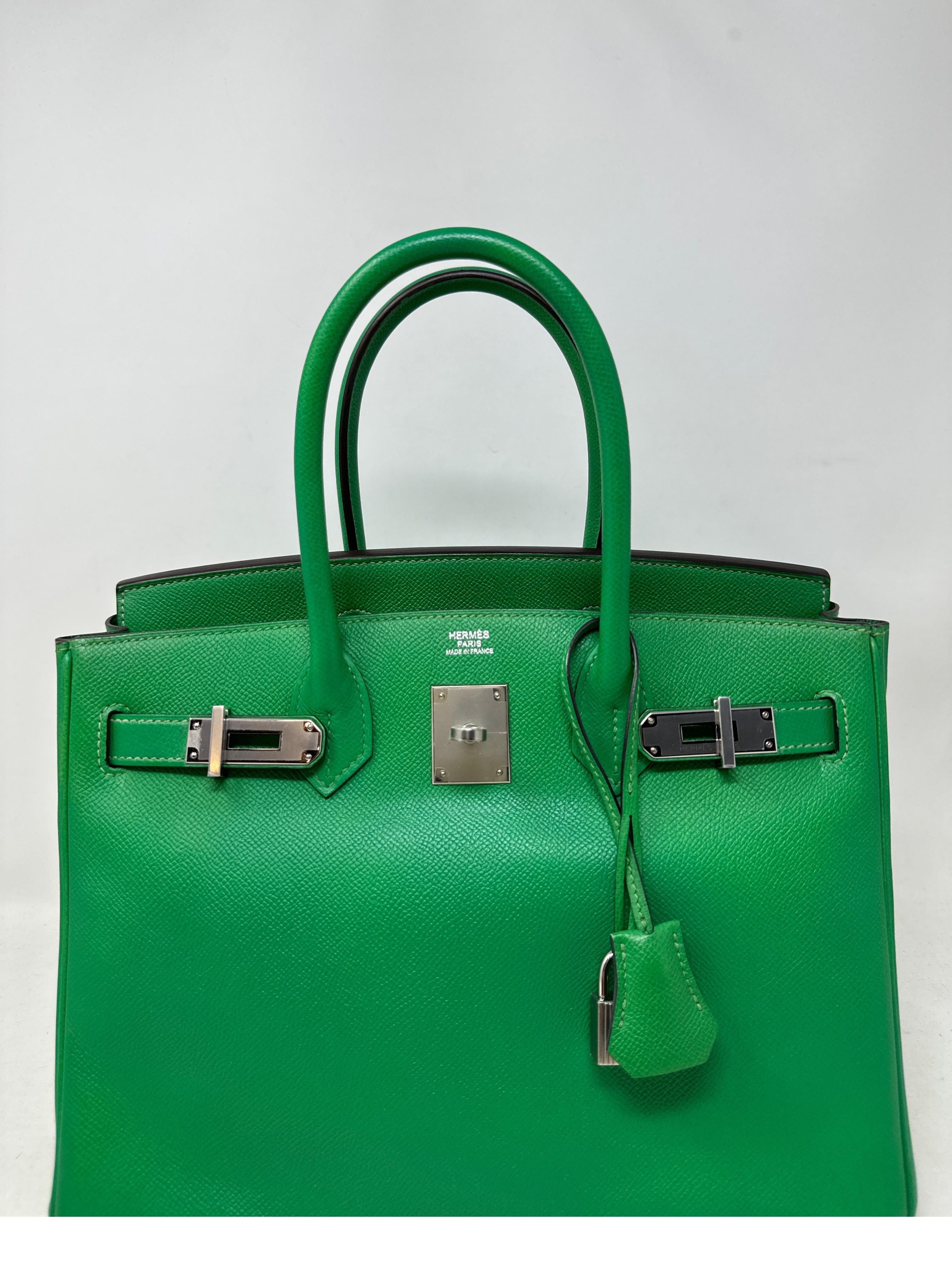 Hermes Bamboo Green Birkin 30 Bag. Excellent condition. Looks like new. Plastic still on hardware. Epsom leather. Interior clean. Most wanted size. Palladium silver hardware. Includes clochette, lock, keys, and dust bag. Guaranteed authentic. 