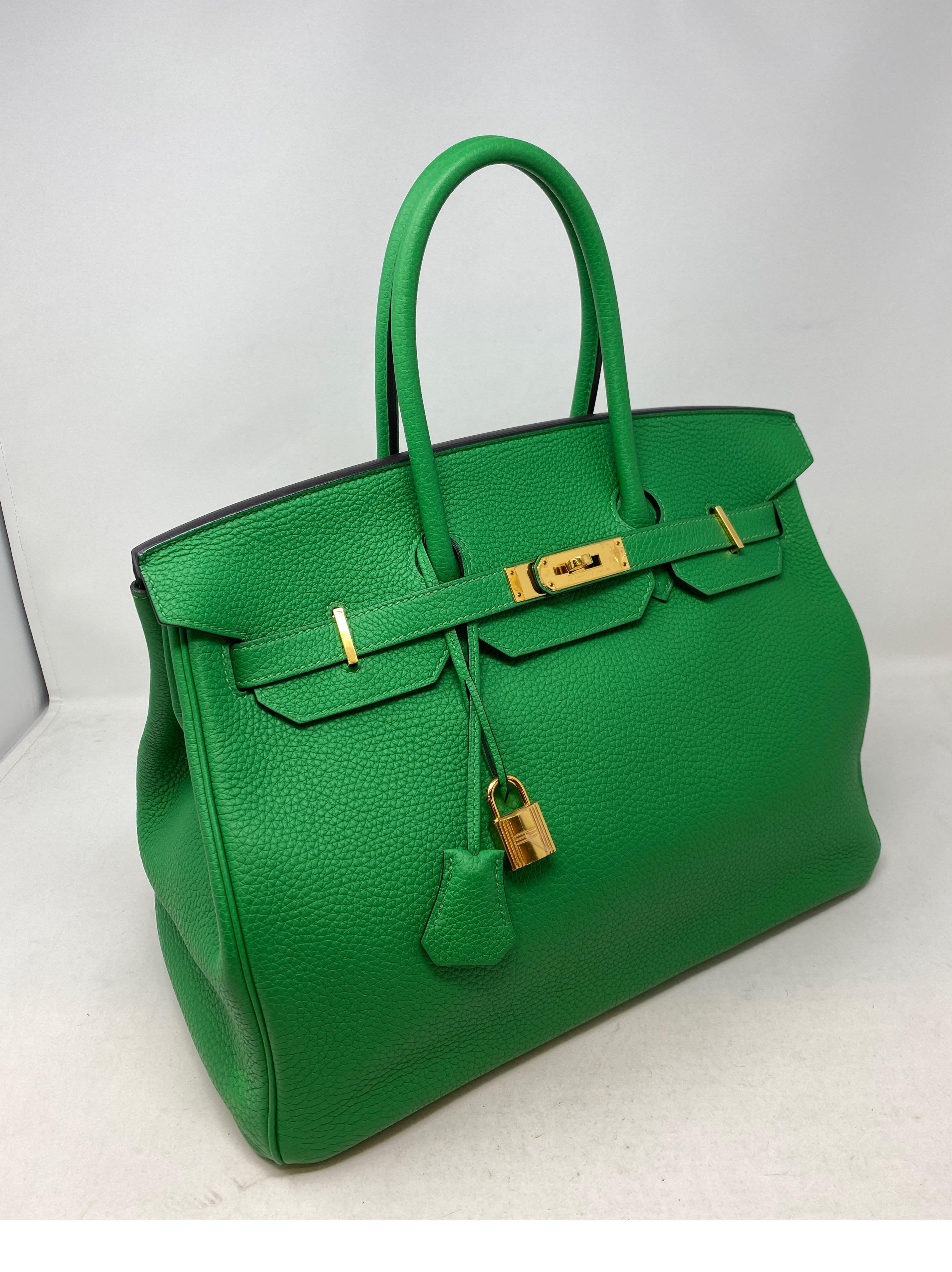 Hermes Bamboo Birkin 35 Bag. Gold hardware. Togo leather. Excellent condition. R stamp. Rare and beautiful green color. Includes clochette, lock, keys, and dust cover. Guaranteed authentic. 