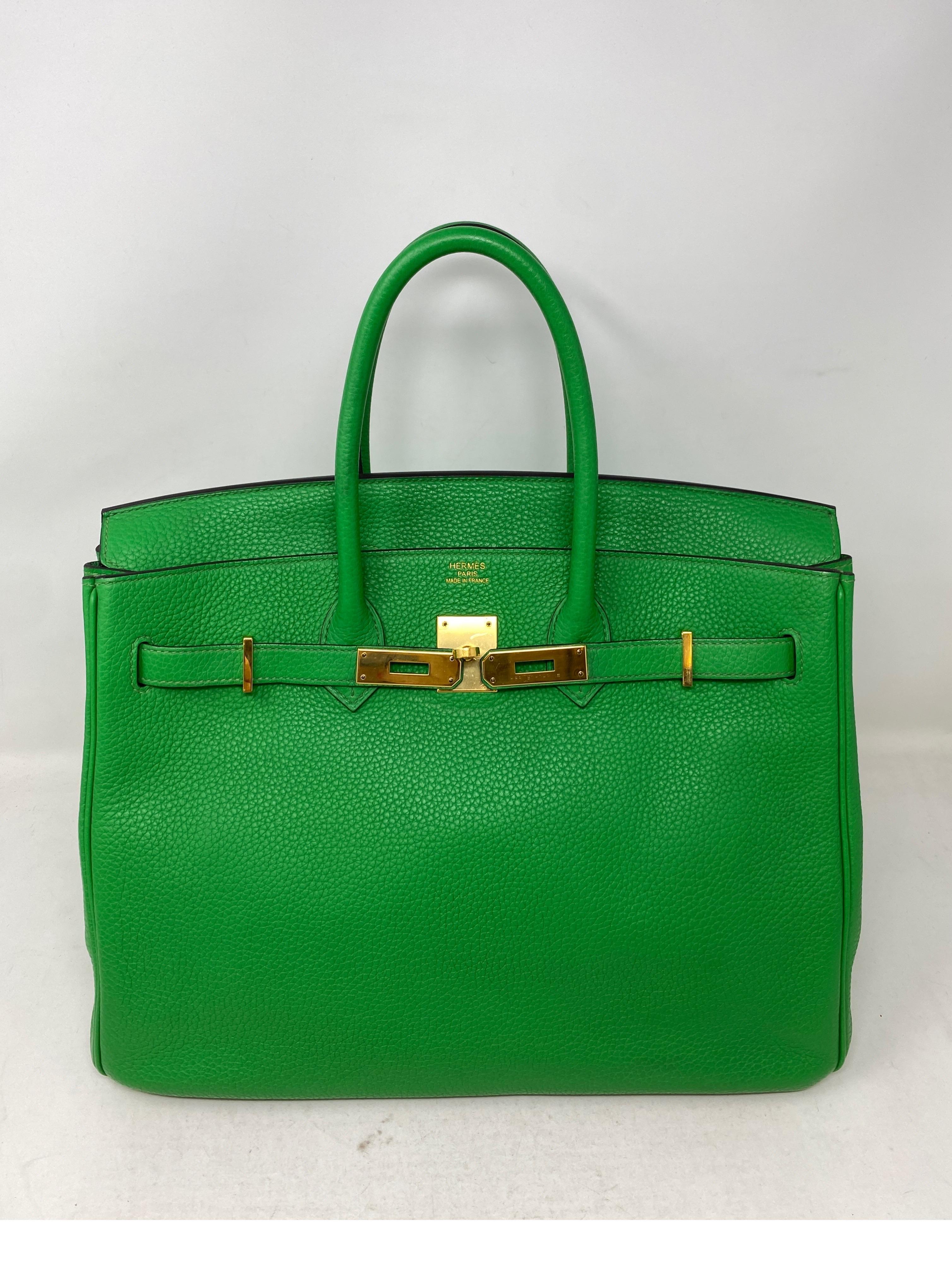 Hermes Bamboo Birkin 35 Bag. Beautiful rare bamboo green color with gold hardware. Excellent condition. Togo leather. R stamp. Includes clochette, lock, keys, and dust cover. Guaranteed authentic. 