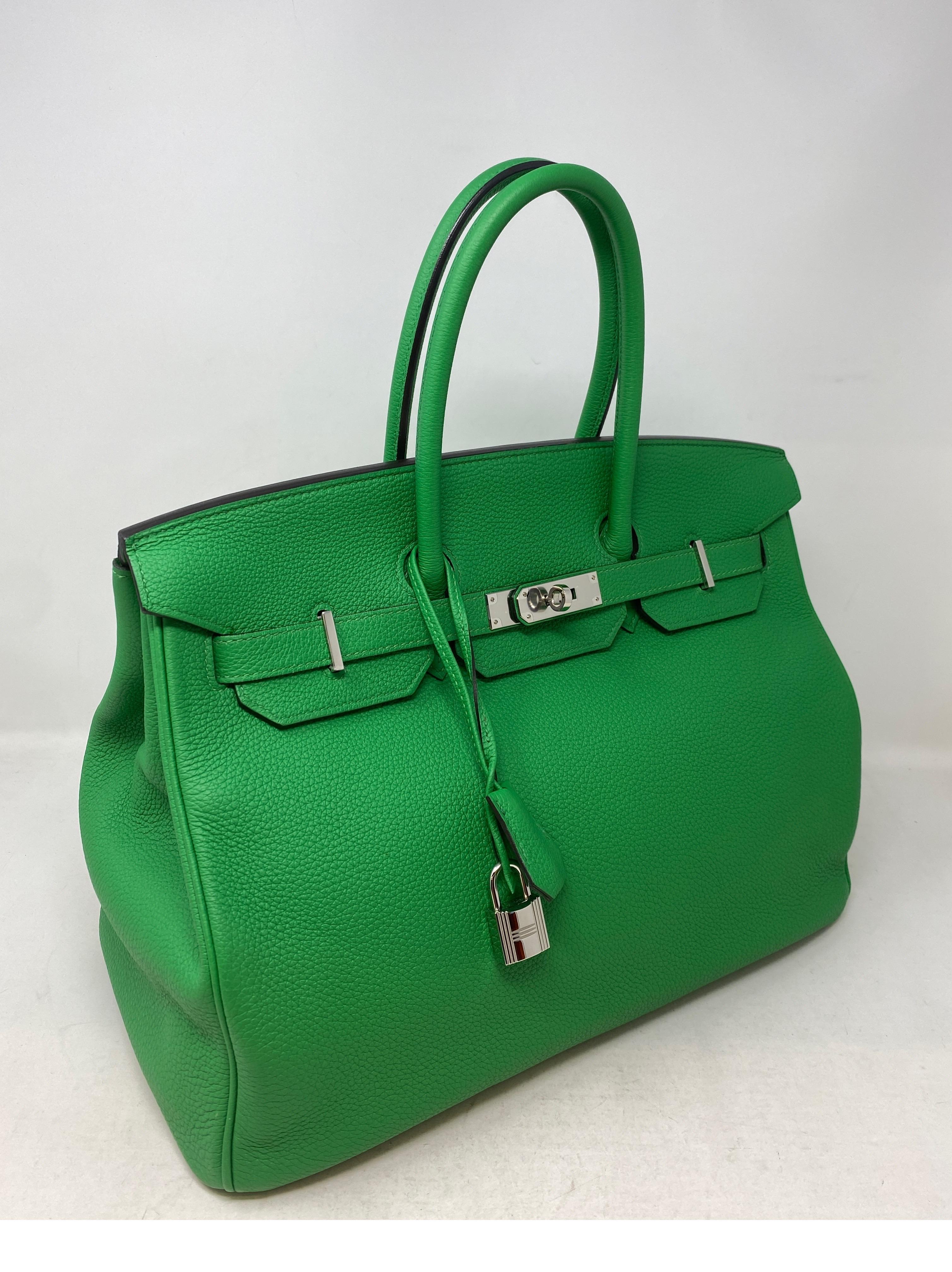Hermes Bamboo Birkin 35 Bag. Rare bamboo green color Birkin with palladium hardware. Togo leather. Excellent like new condition. Includes clochette, lock, keys, and dust cover. Guaranteed authentic. 