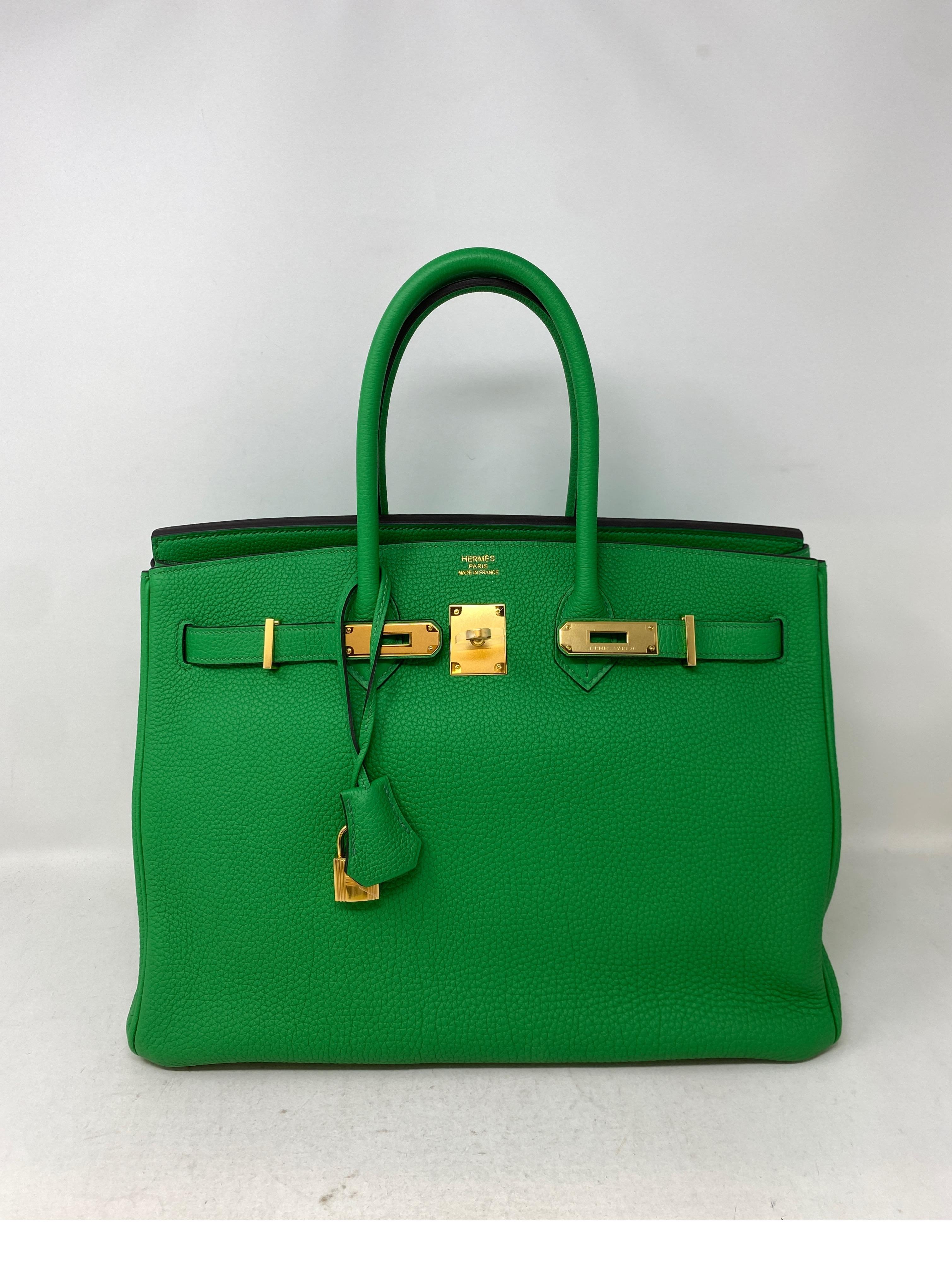 Hermes Bamboo Birkin 35 Bag. Bright vibrant green color with gold hardware. Most wanted bag. Hard to find bamboo. Exterior isn excellent condition. Plastic is still on hardware. Looks like new. Interior clean. Never used. Includes clochette, lock,