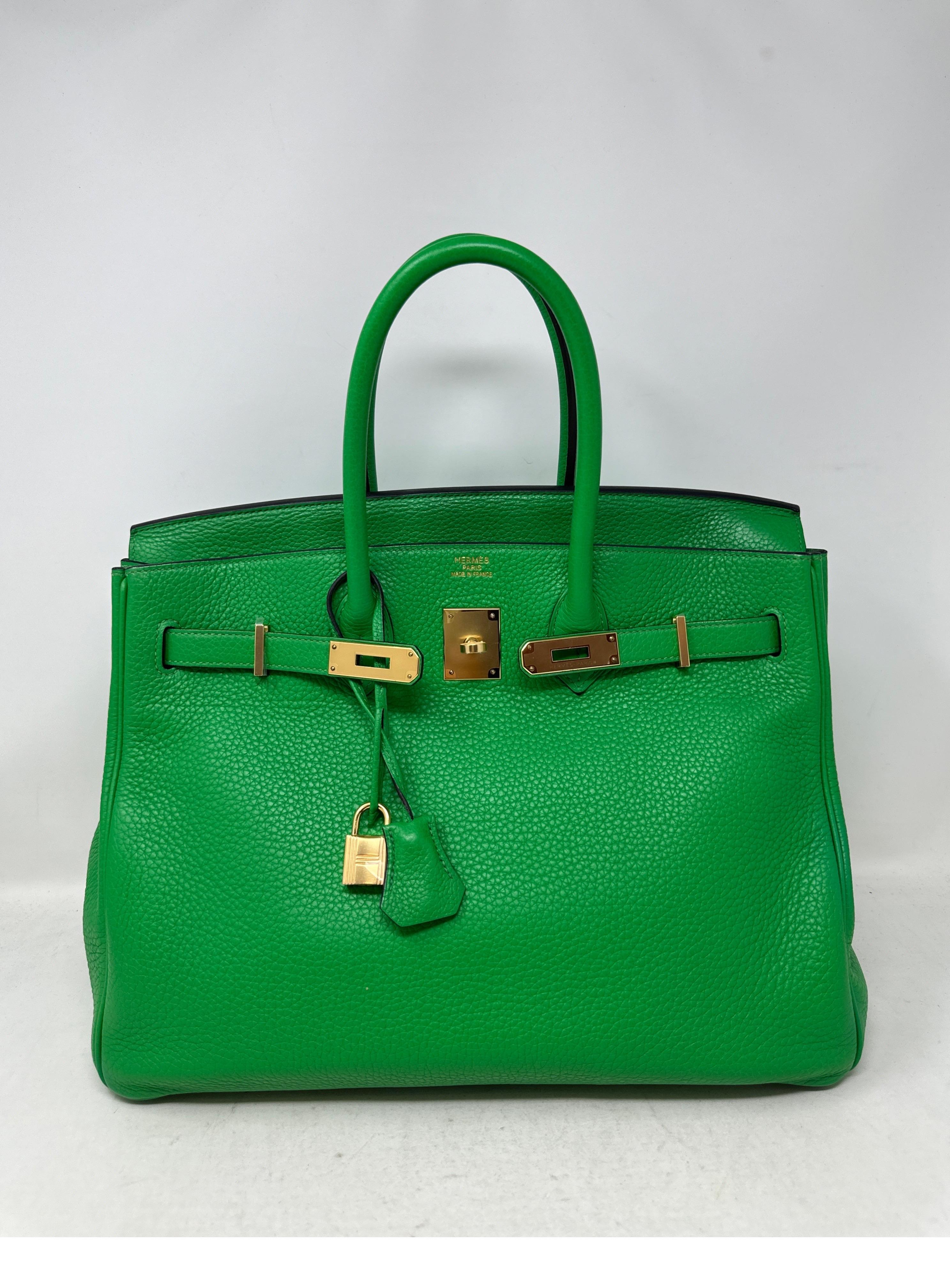Hermes Bamboo Birkin 35 Bag. Gold hardware with clemence leather. Excellent condition. Plastic is still on hardware. The most wanted green color. Vibrant and looks like new. Interior clean. Includes clochette, lock, keys, and dust bag. Guaranteed