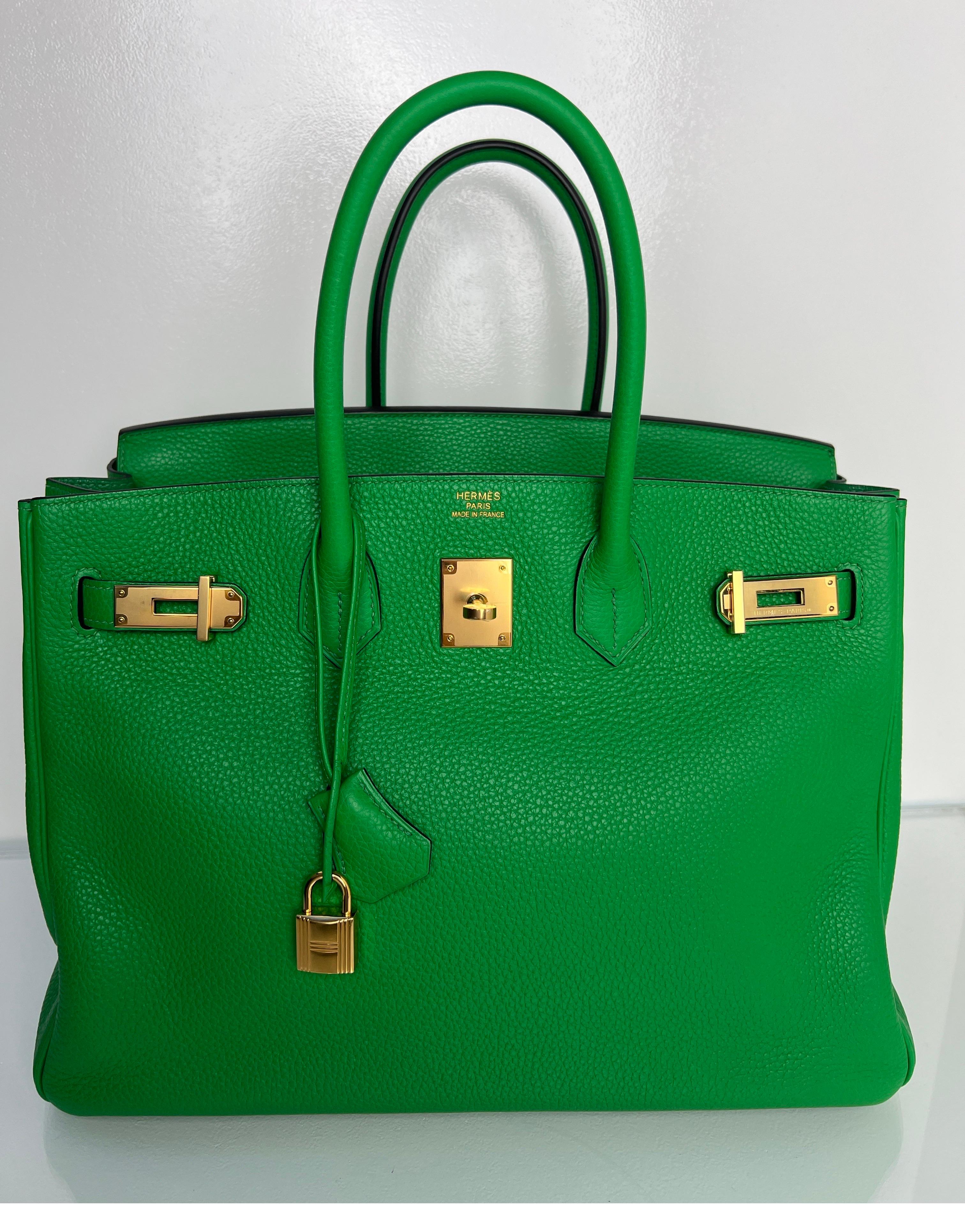 Hermes Bamboo Birkin 35 Bag. Vibrant most wanted green color. Gold hardware. Interior clean. Excellent condition. Includes clcohette, lock, keys, and dust bag. Guaranteed authentic. 