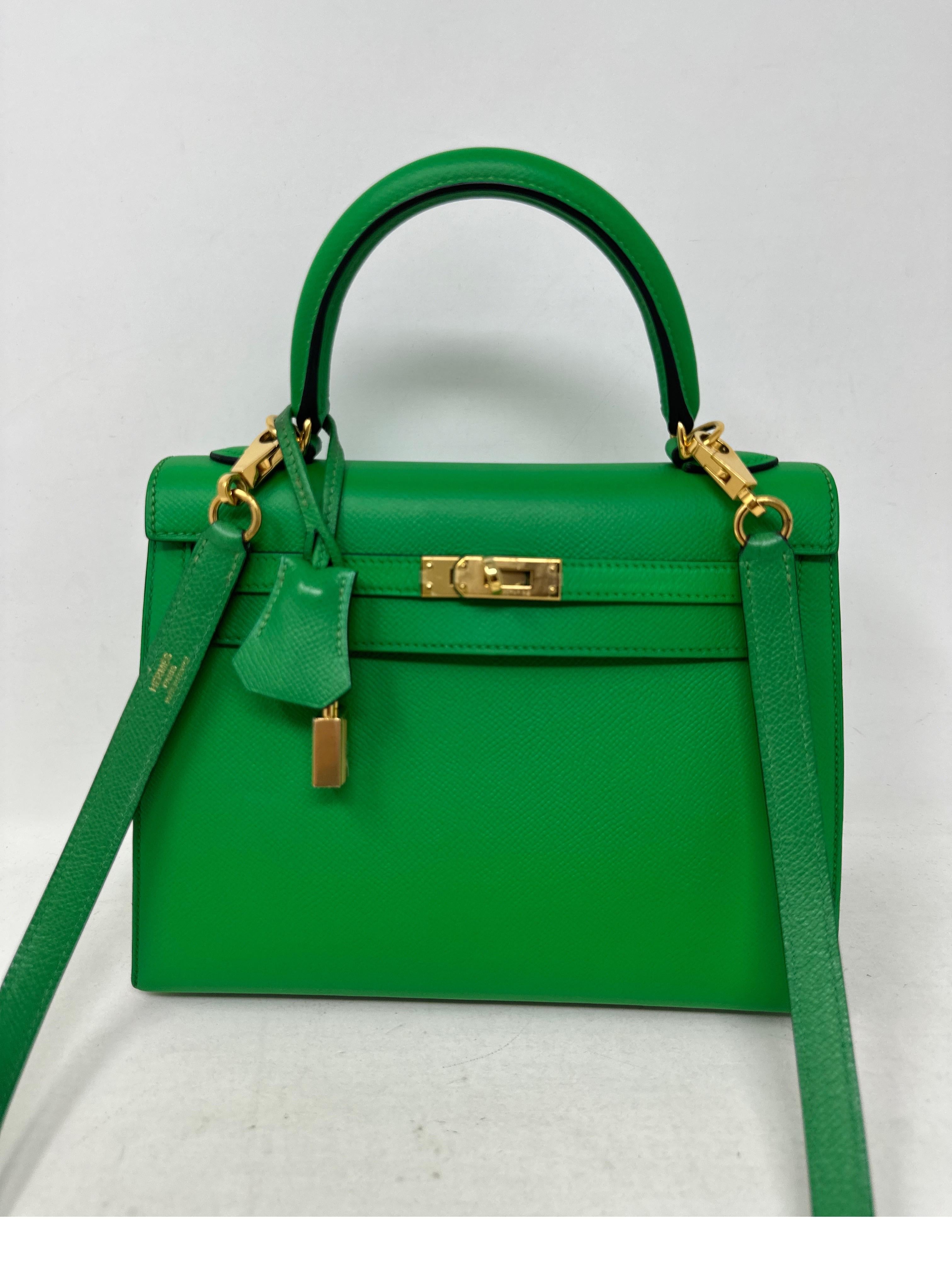 Hermes Bamboo Kelly 25 Bag. Rare size and color green epsom sellier leather bag. Gold hardware. Looks like new condition. Interior clean. Collector's piece. Includes clochette, lock, keys, and dust bag. Guaranteed authentic. 