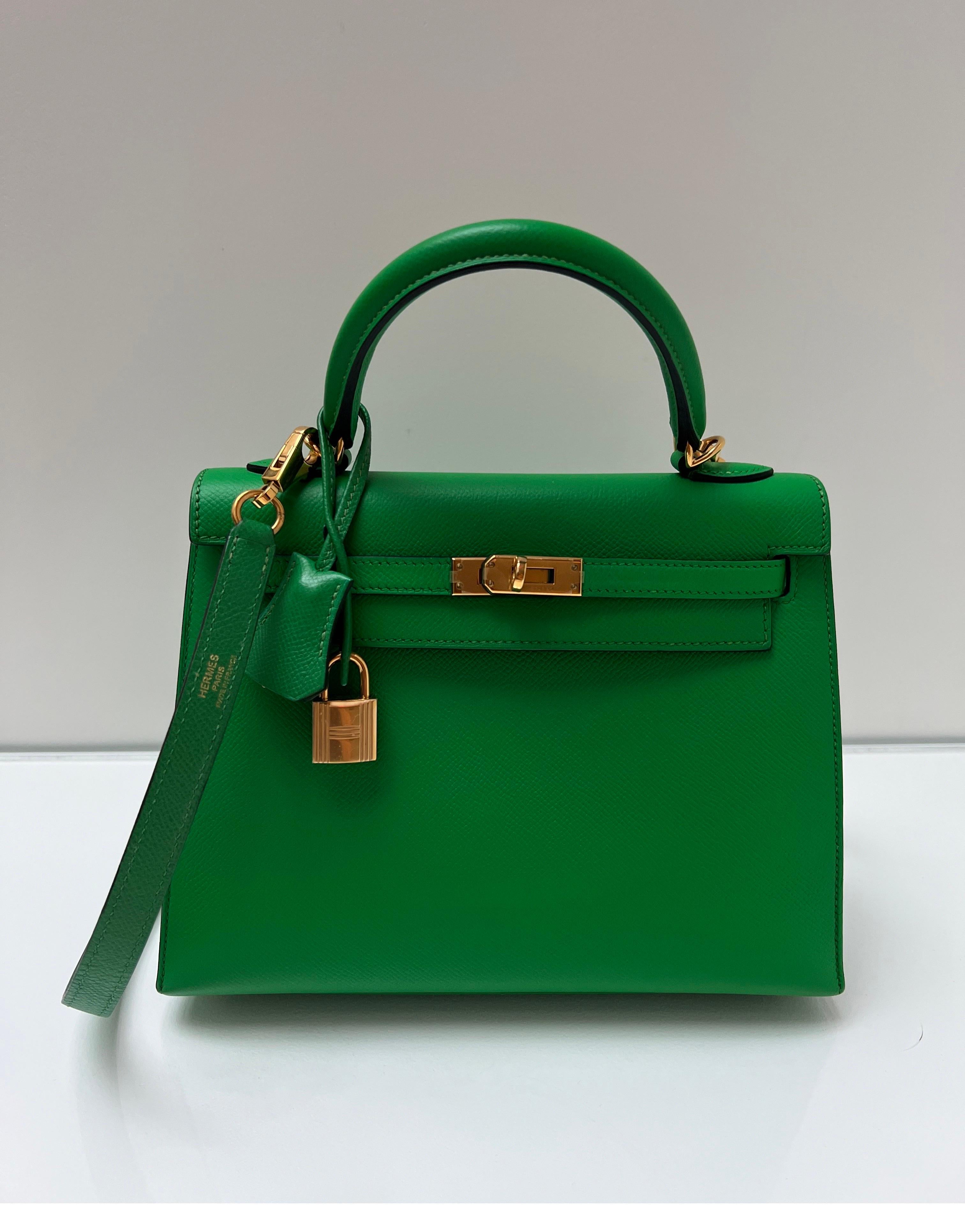 Hermes Bamboo Kelly 25 Bag. Excellent like new condition. Interior clean. Plastic is still on the hardware. Most wanted size Kelly. Rare small size. Includes clochette, lock, keys, and dust bag. Guaranteed authentic. 