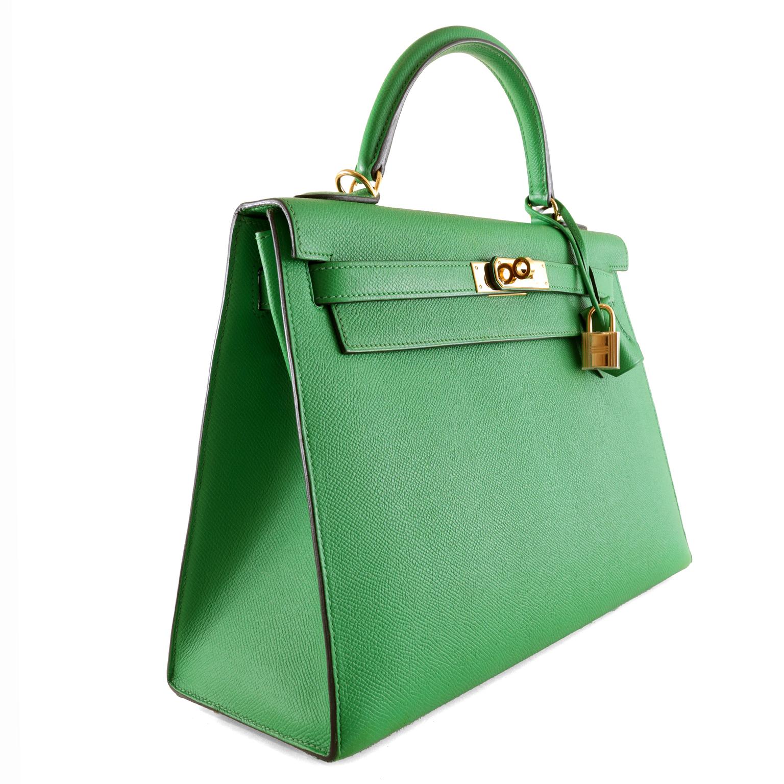Hermès Bambou Epsom 32cm Kelly- pristine condition; appears never carried. 
Hermès bags are considered the ultimate luxury item.  Each piece is handcrafted with waitlists that can exceed a year or more.  The ladylike Kelly is classic and refined, a
