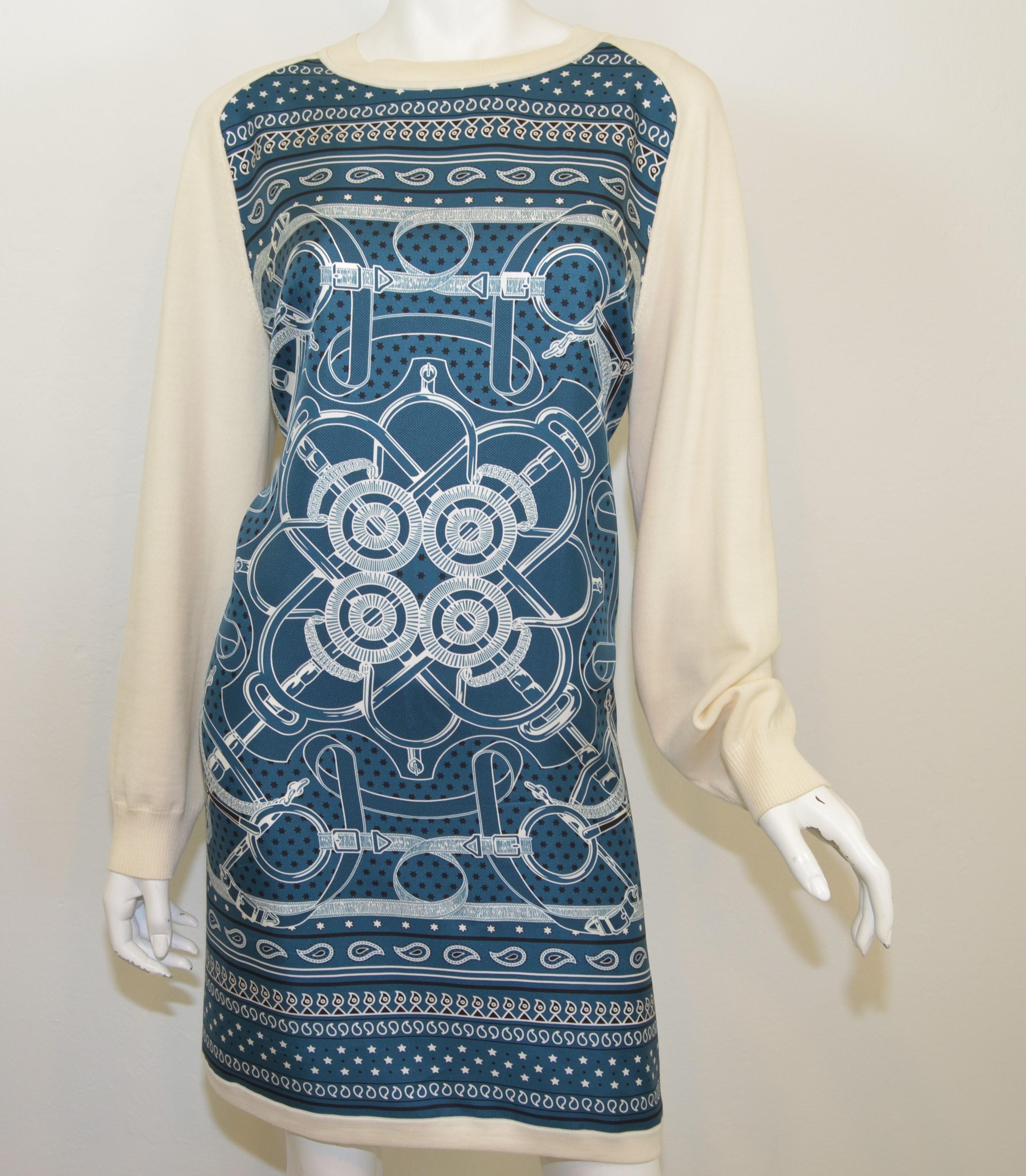 Hermes dress features a teal bandana print at the front composed with silk fabric with a cream-colored wool knit. Dress is labeled size 44, made in Italy. Excellent condition with the exception of a small spot on the left shoulder as