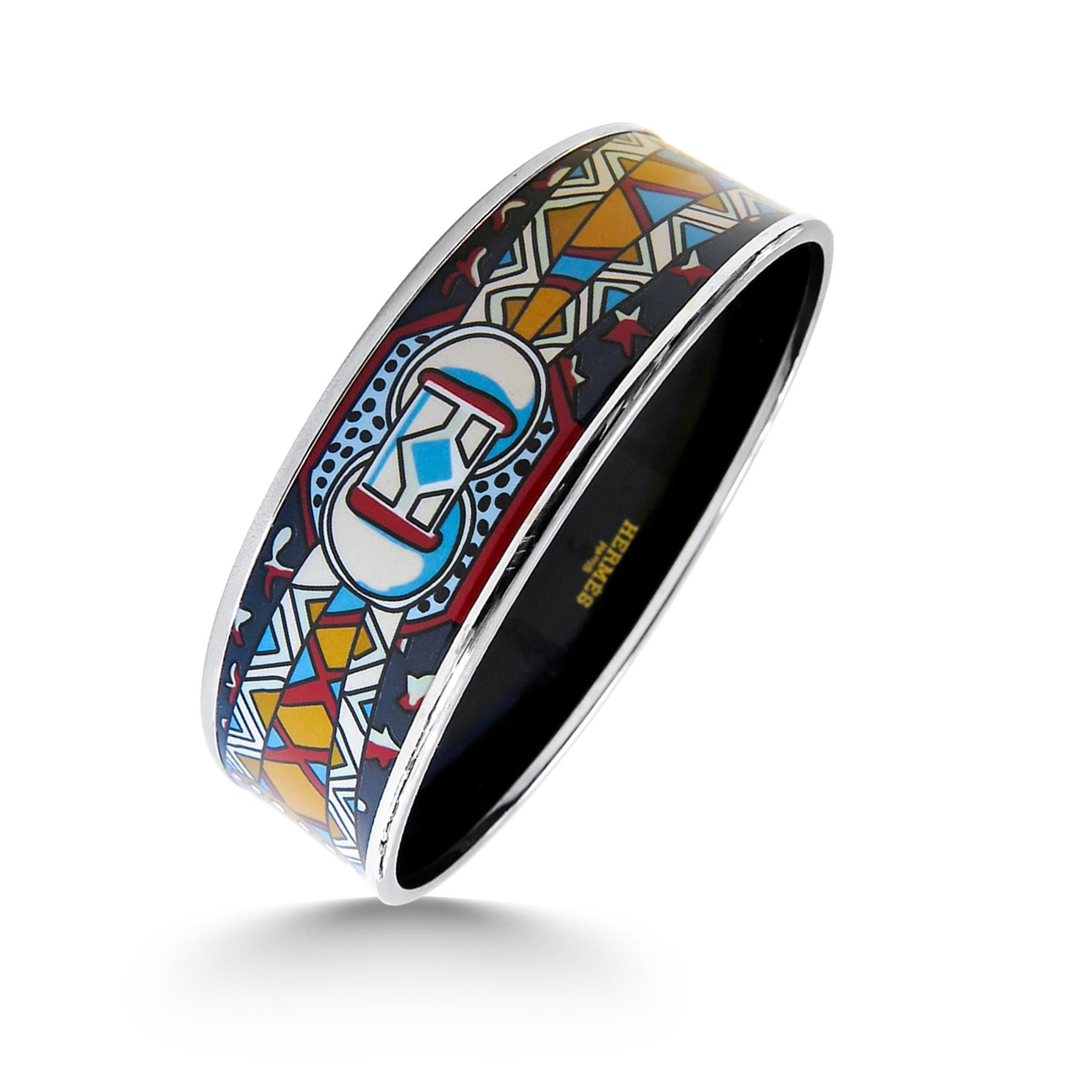 Hermes Bangle Platinum Plated Printed Enamel In Excellent Condition For Sale In Jackson Heights, NY