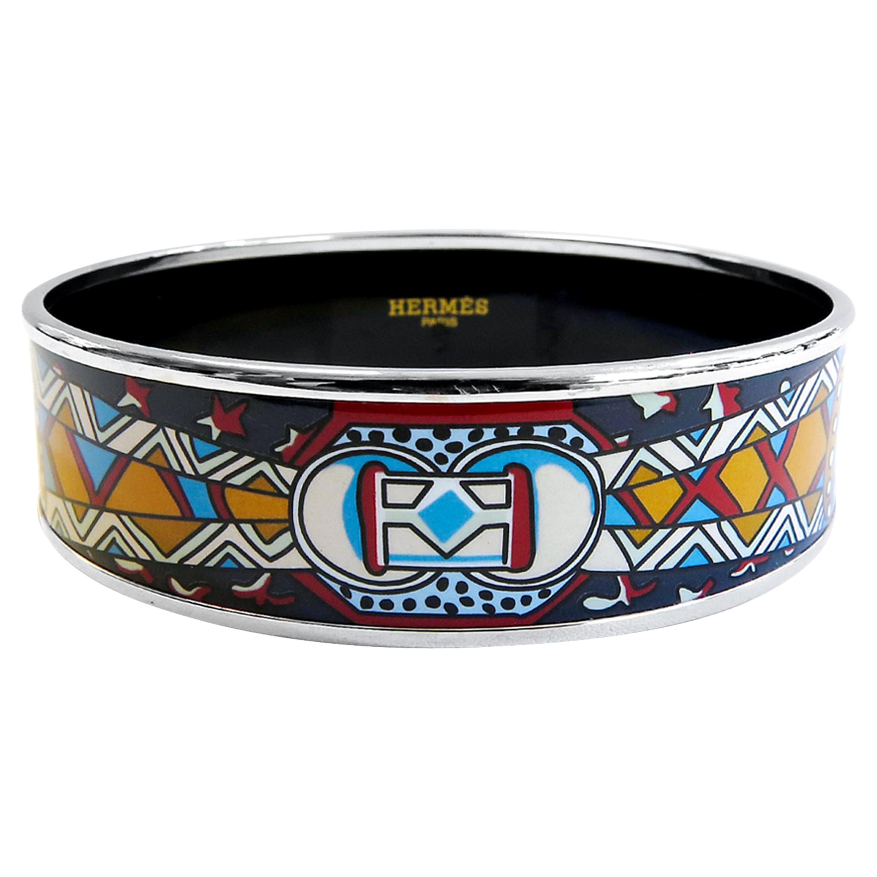 Hermes Bangle Platinum Plated Printed Enamel For Sale