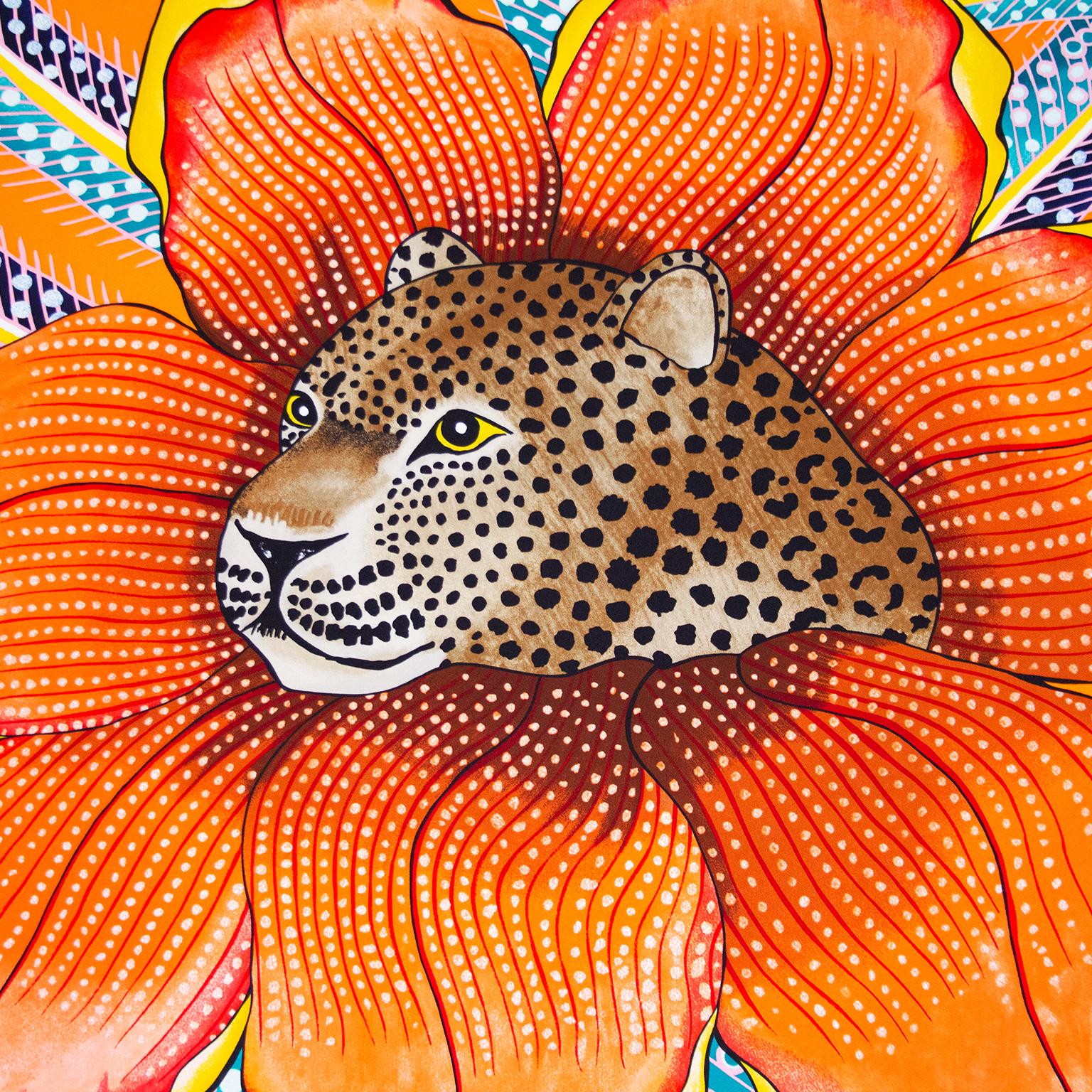 Hermes 'Baobab Cat' scarf. This lovely and colourful scarf features a leopard sitting in the the heart of a baobab ﬂower. For the Zulu kings, this majestic big cat incarnated their noble status, while the baobab represented power and grace. The