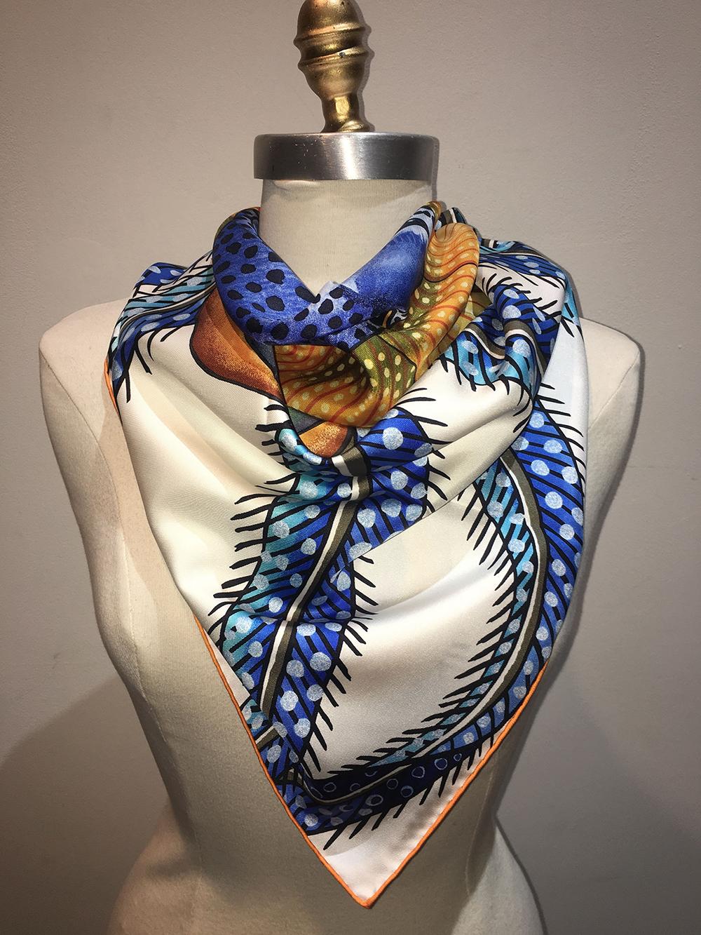 Hermes Baobab Cat Silk Scarf in Blue and White For Sale at 1stDibs