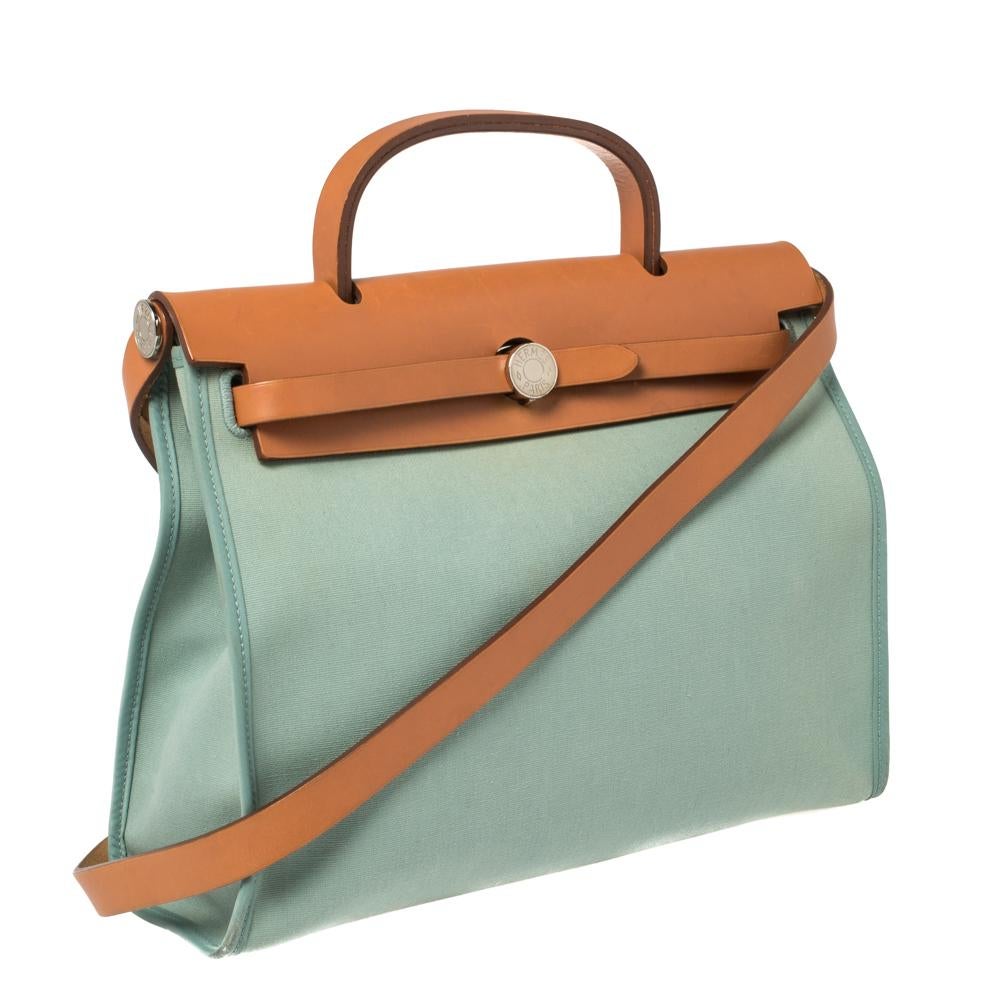 Hermes Barenia/Ciel Canvas And Leather Herbag Zip 31 Bag at 1stDibs