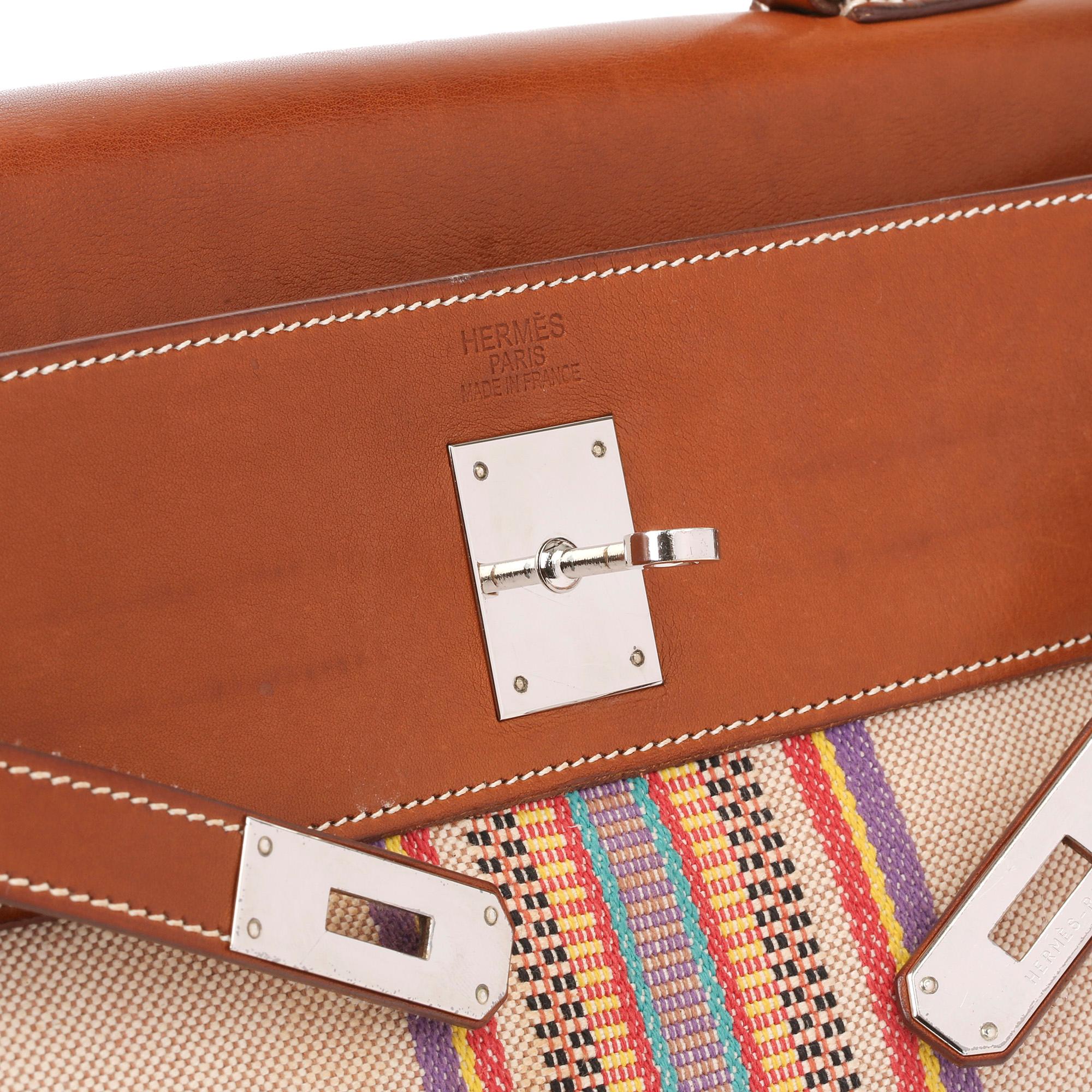 Beige Hermès Barenia Leather & Multicolour Toile Indian Ganges Kelly 35cm Retourne