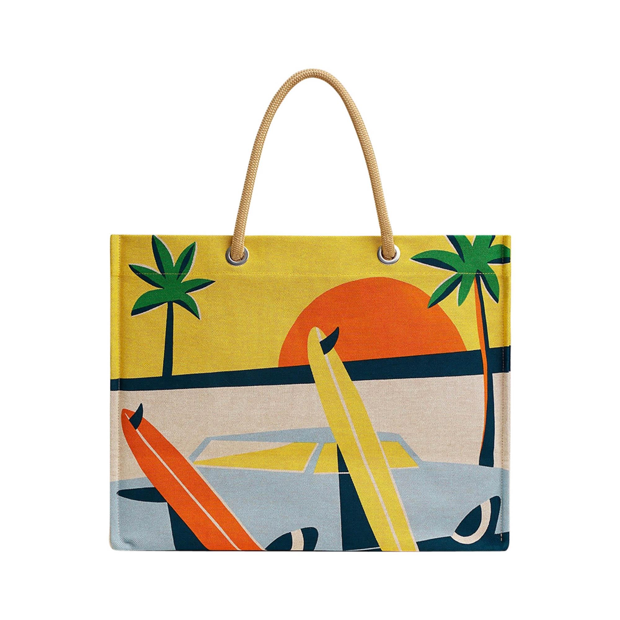 Hermes Beach Tote bag Apres la Vague Printed Toile Jaune and Blue en vente 6