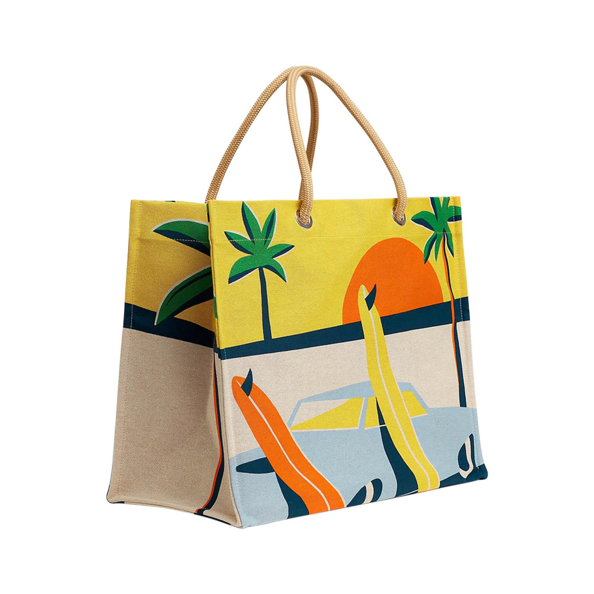 Hermes Beach Tote bag Apres la Vague Printed Toile Jaune and Blue en vente 7